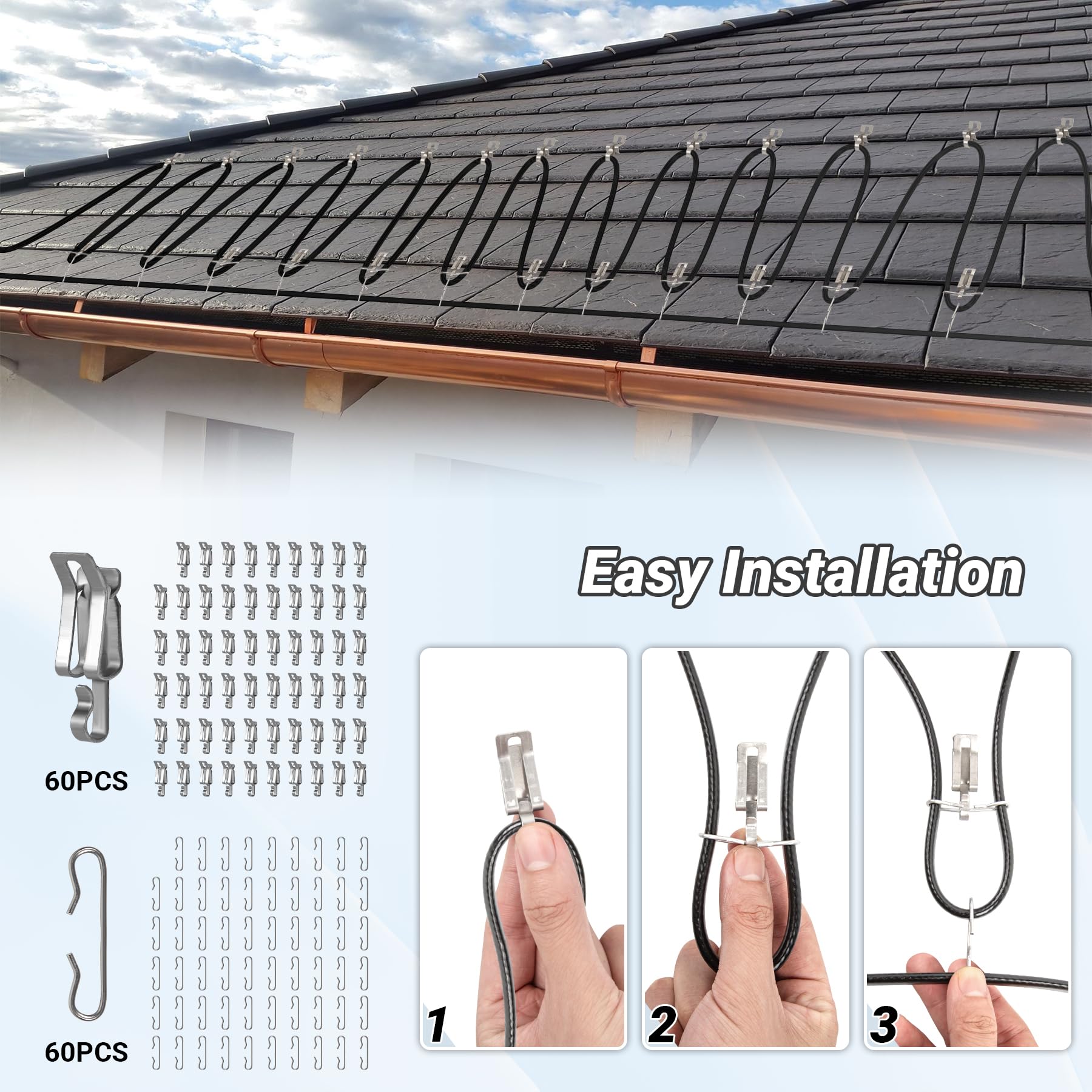 Self-Regulating Heat Tape for Roof and Gutters - 150FT, 8 Watts/ft Roof Heating Cable with 60PCS Clips & Spacers, LED Plug - Prevent Ice Dams & Pipe Freeze - Ideal for Winter Roof Protection, Gutter Heating, and Snow Melting