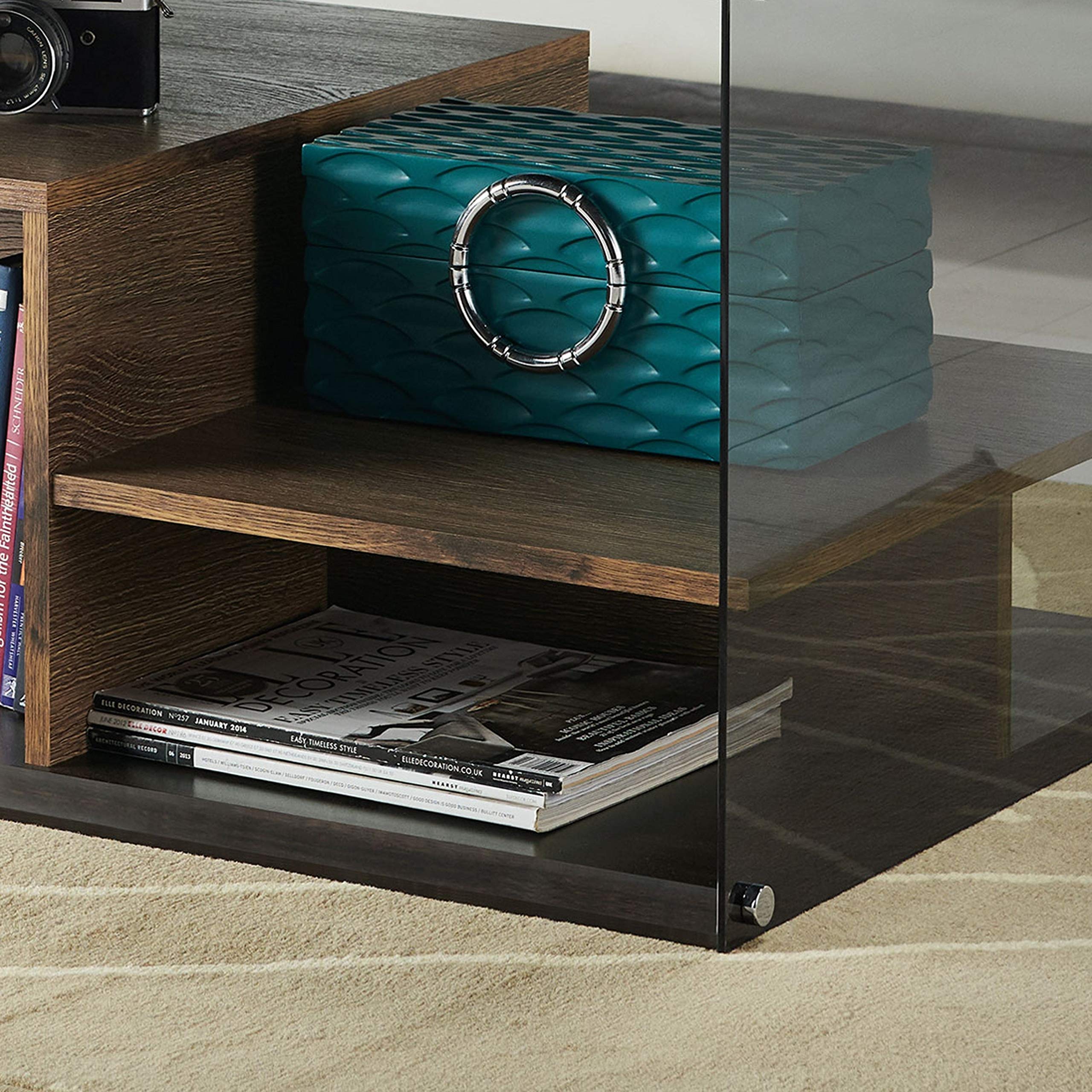 Modern Rectangle Glass Coffee Table with MDF Finish - Contemporary Brown Living Room Furniture for Home Decor - Includes Hardware for Easy Assembly - Perfect for Living Room, Lounge, or Office Space