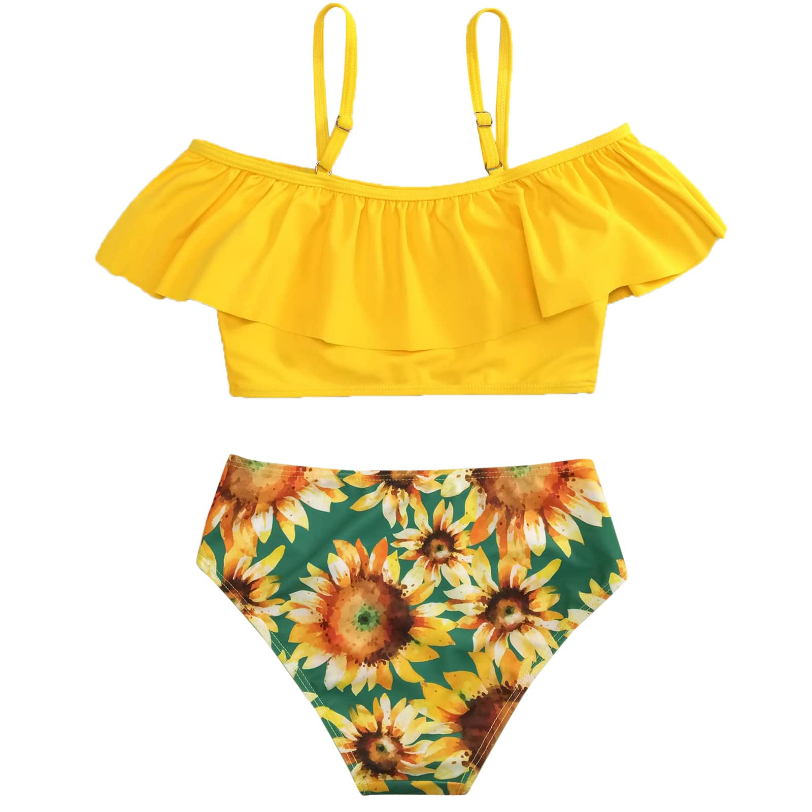 Sunflower Print Girls Bikini Swimsuits - Off Shoulder Tank Top with Swim Shorts 2 Piece Set (Yellow, Age 13) | Beach Vacation, Pool Party, Summer Water Activities