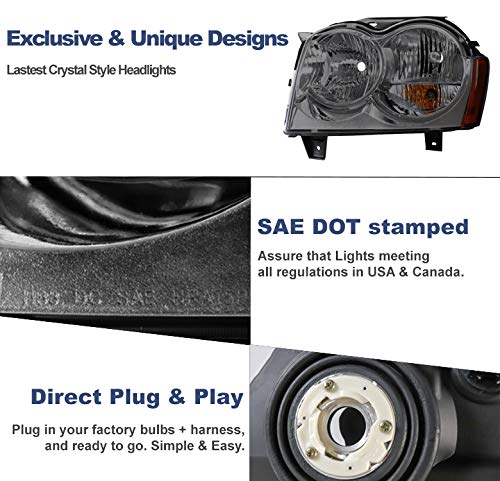 2005-2007 Jeep Grand Cherokee Replacement Headlights - Smoke Lens LED Headlamps for Improved Night Visibility | Perfect for Off-Roading & Night Driving
