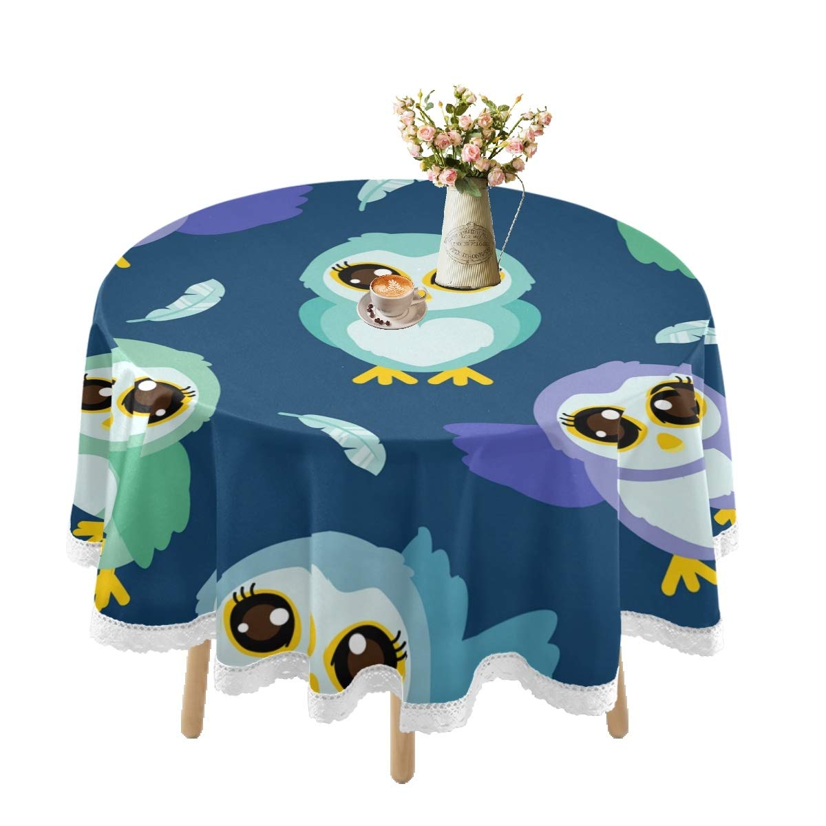 Waterproof Round Tablecloth - Cute Owl Cartoon Design Lace Trim Table Cover for Outdoor Dining, Kitchen, Picnic & Holiday Parties (60 Inch) | Perfect for Rustic Decor, Birthday Celebrations & Family Gatherings