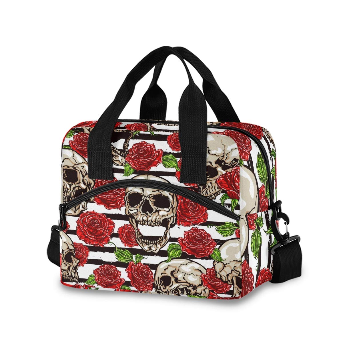Insulated Skulls & Red Roses Lunch Box Tote Bag for Women & Men - Detachable Shoulder Strap & Carry Handle - Reusable Cooler Bag for Work, School, Picnic, Office & Outdoor Activities