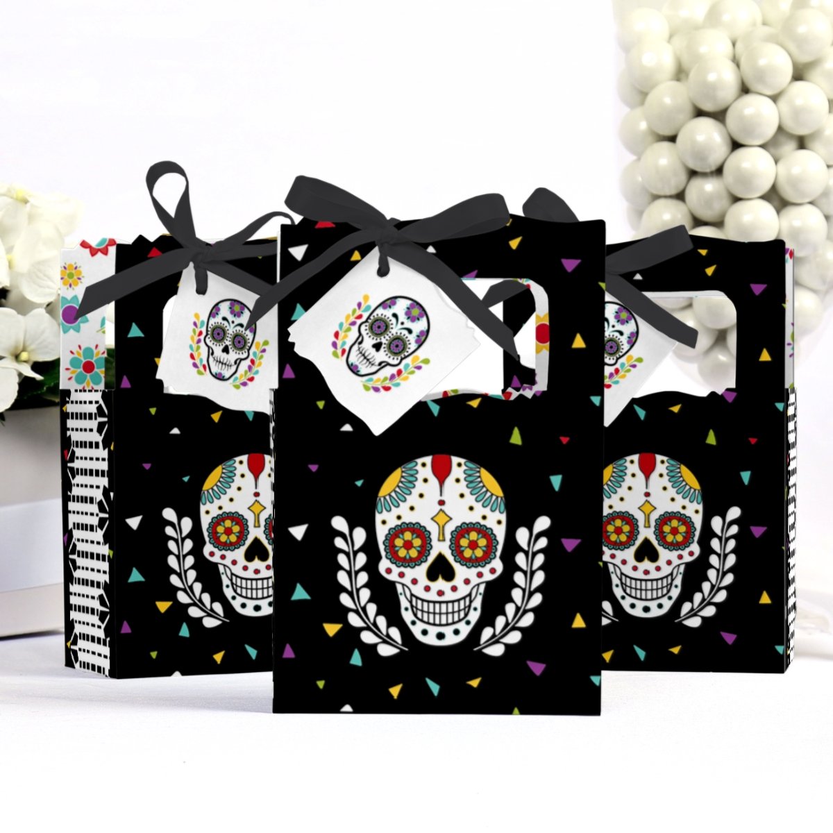 Day of the Dead Sugar Skull Party Favor Boxes - Set of 12 Colorful Halloween Treat Bags for Dia de los Muertos Celebrations, Themed Parties & Gift Giving