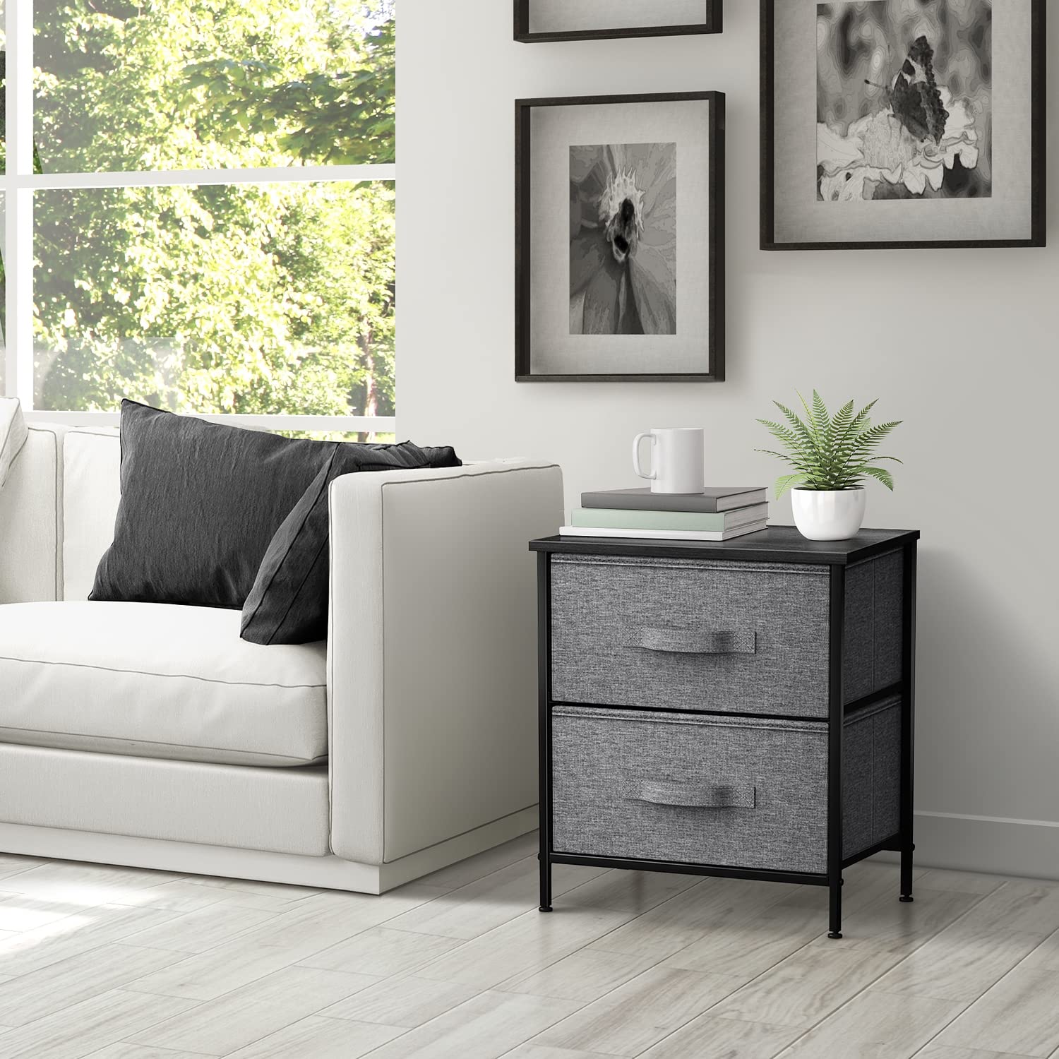 Sorbus 2-Drawer Nightstand with Steel Frame & Wood Top - Easy Pull Fabric Bins, Compact Bedside Table for Bedroom, Home & Office - Perfect for Small Spaces, Apartment Living & Guest Rooms
