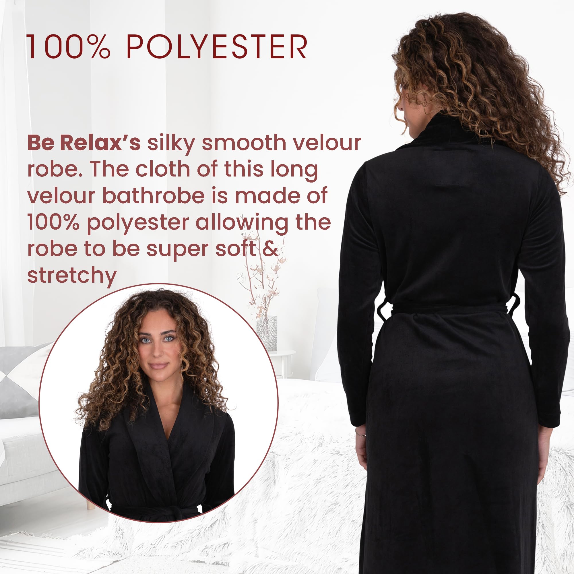 Be Relax Terry Velour Robe for Women - Soft & Warm Polyester Bathrobe with Shawl Collar, Belt & Side Pockets | Perfect for Spa, Lounge & Home Relaxation