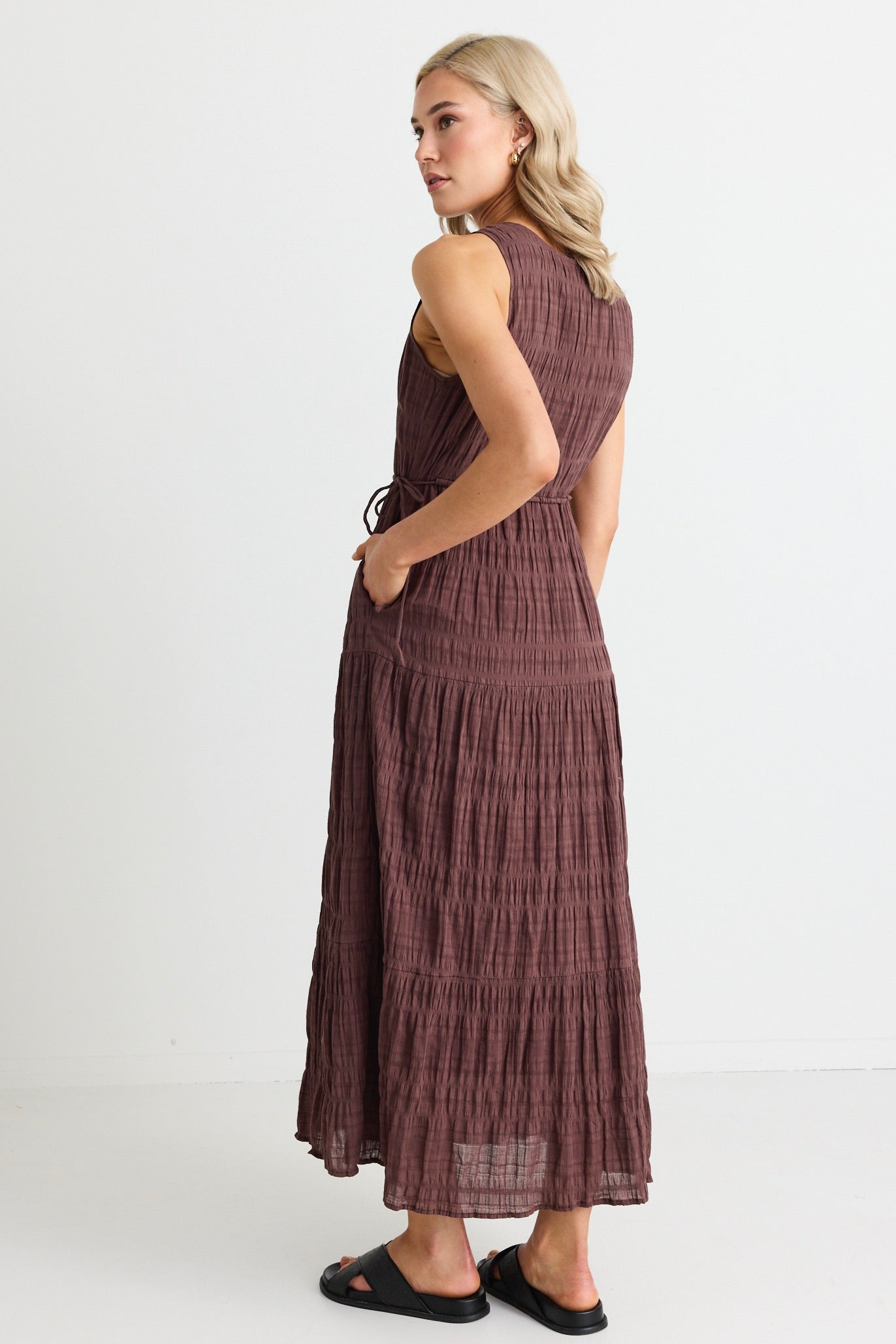 Flora Chocolate V-Neck Tie-Front Sleeveless Tiered Maxi Dress for Women | Summer Beach Wedding Party Dress | Perfect for Vacations, Date Nights & Special Occasions