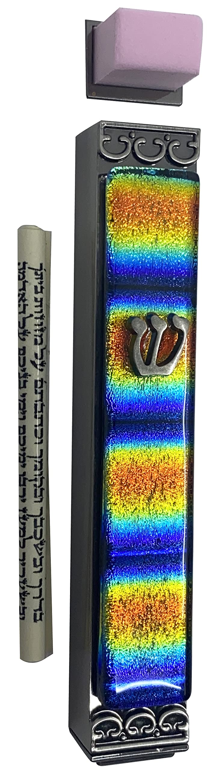 Handmade Art Glass Mezuzah - Weatherproof, Sticky Back Mount for Indoor/Outdoor Use - Perfect Jewish Home Gift