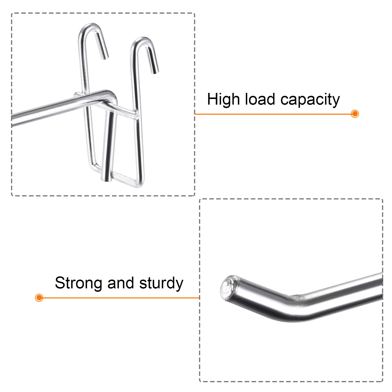Meccanism Grid Wall Hooks - 10 Pack Heavy Duty Garage Storage Organizer, 8 Inch Long & 0.24 Inch Thick Silver Metal Hooks for Tools, Keys, Hats - Perfect for Workshop, Garage, Retail Store Organization
