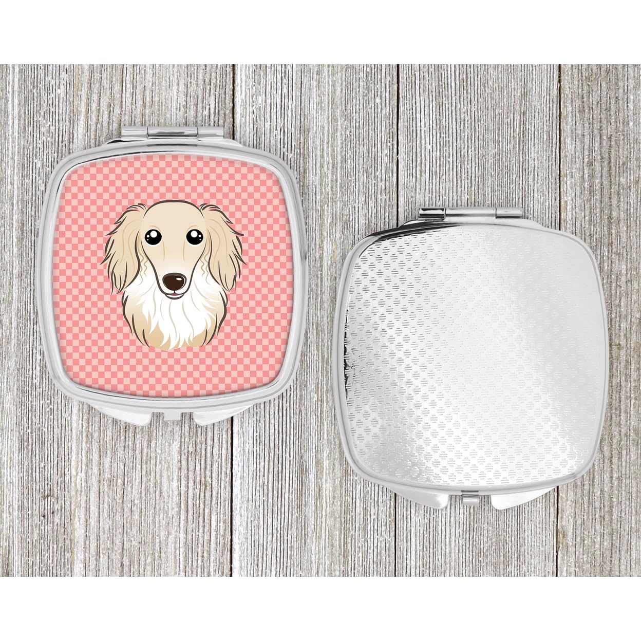 Caroline's Treasures BB1212SCM Pink Checkerboard Longhair Creme Dachshund Compact Mirror - Travel Makeup Mirror for Women & Girls, Handheld Folding Pocket Mirror, Perfect Gift for Makeup Touch-Ups On The Go