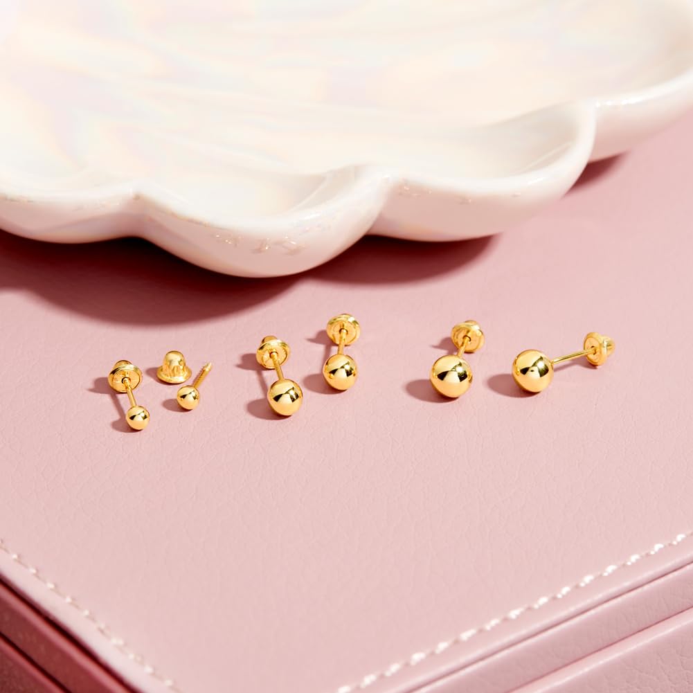 18k Yellow Gold Classic Ball Safety Screw Back Stud Earrings for Babies & Toddlers - 3mm-5mm Hypoallergenic Earrings for Newborns, Infants & Little Girls | Perfect for Baptism, Christening & First Birthday Gifts