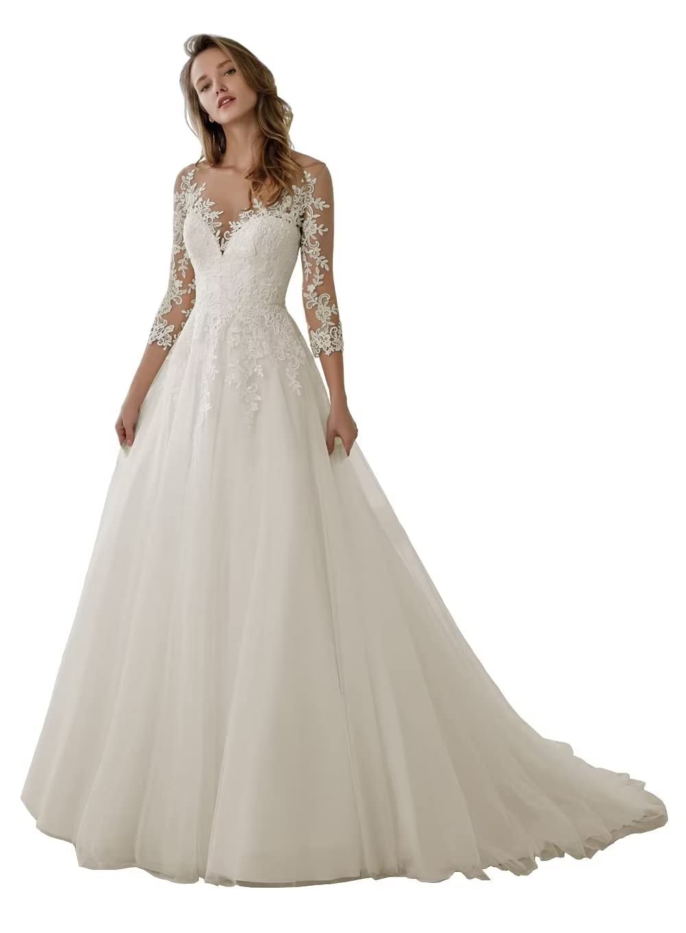 Elegant Cadoly Women's V-Neck Lace Wedding Dress with Train & Appliques - Perfect for 2024 Bridal Ceremonies, Receptions & Formal Events