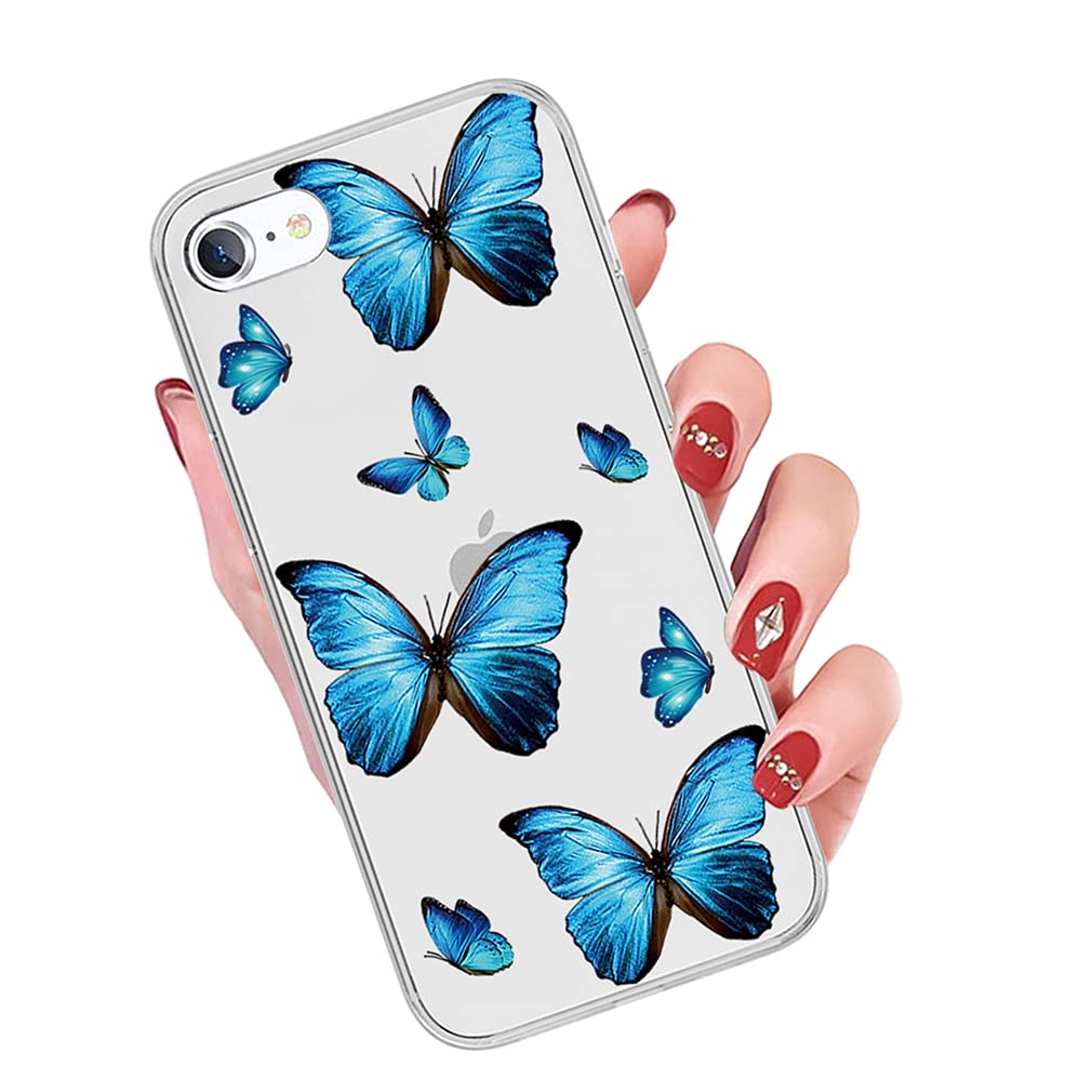 iPhone 6/6S Case - Clear Flexible TPU Bumper with Blue Butterfly Design | Soft Silicone Rubber Protective Cover | Perfect for Everyday Use, Work & Travel