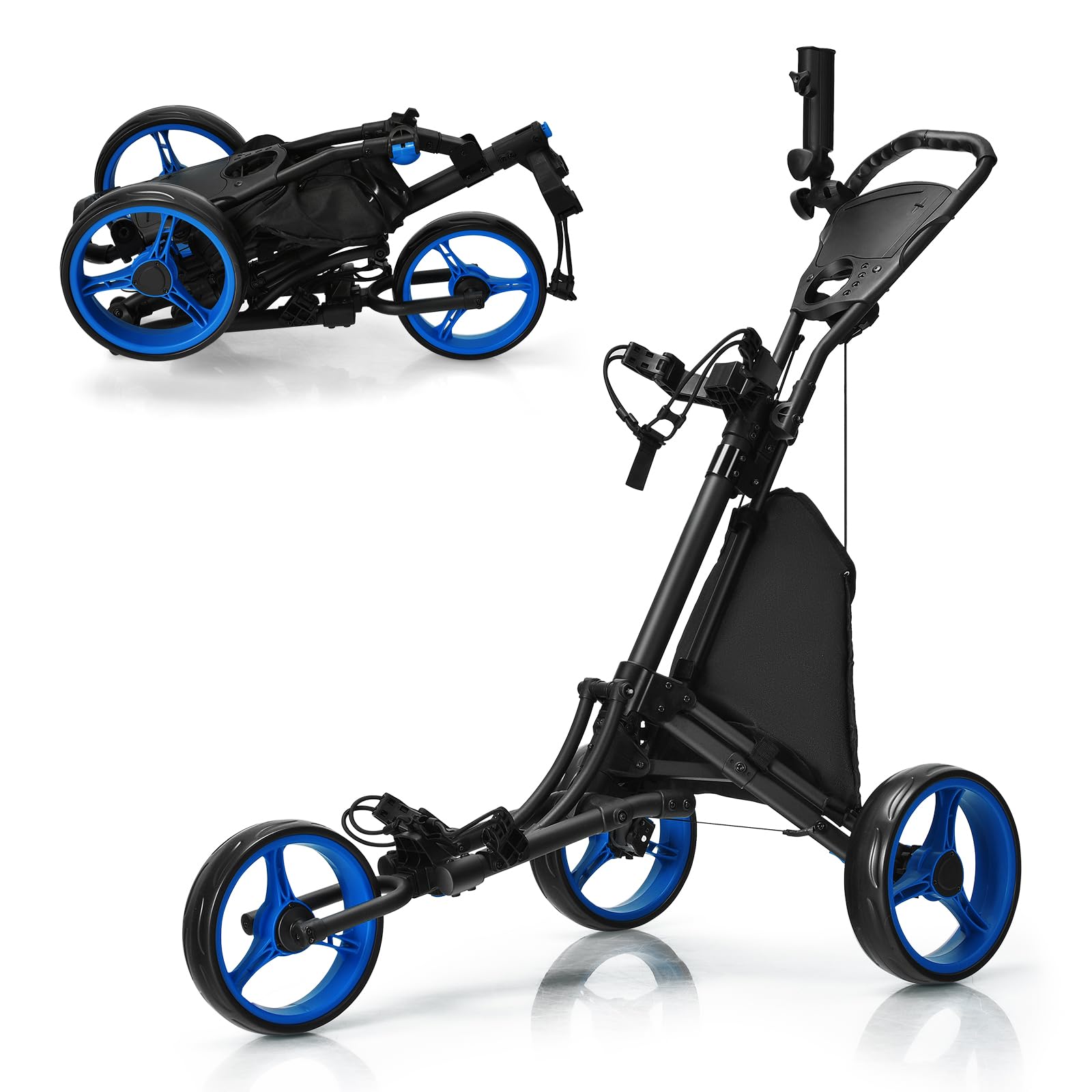 COSTWAY 3-Wheel Foldable Golf Cart with Elastic Strap, Adjustable Umbrella Holder & Cup Holder, Aluminum Storage Bag for Golf Clubs - Red/Green/Blue/Gray | Perfect for Golf Courses, Tournaments & Practice Ranges