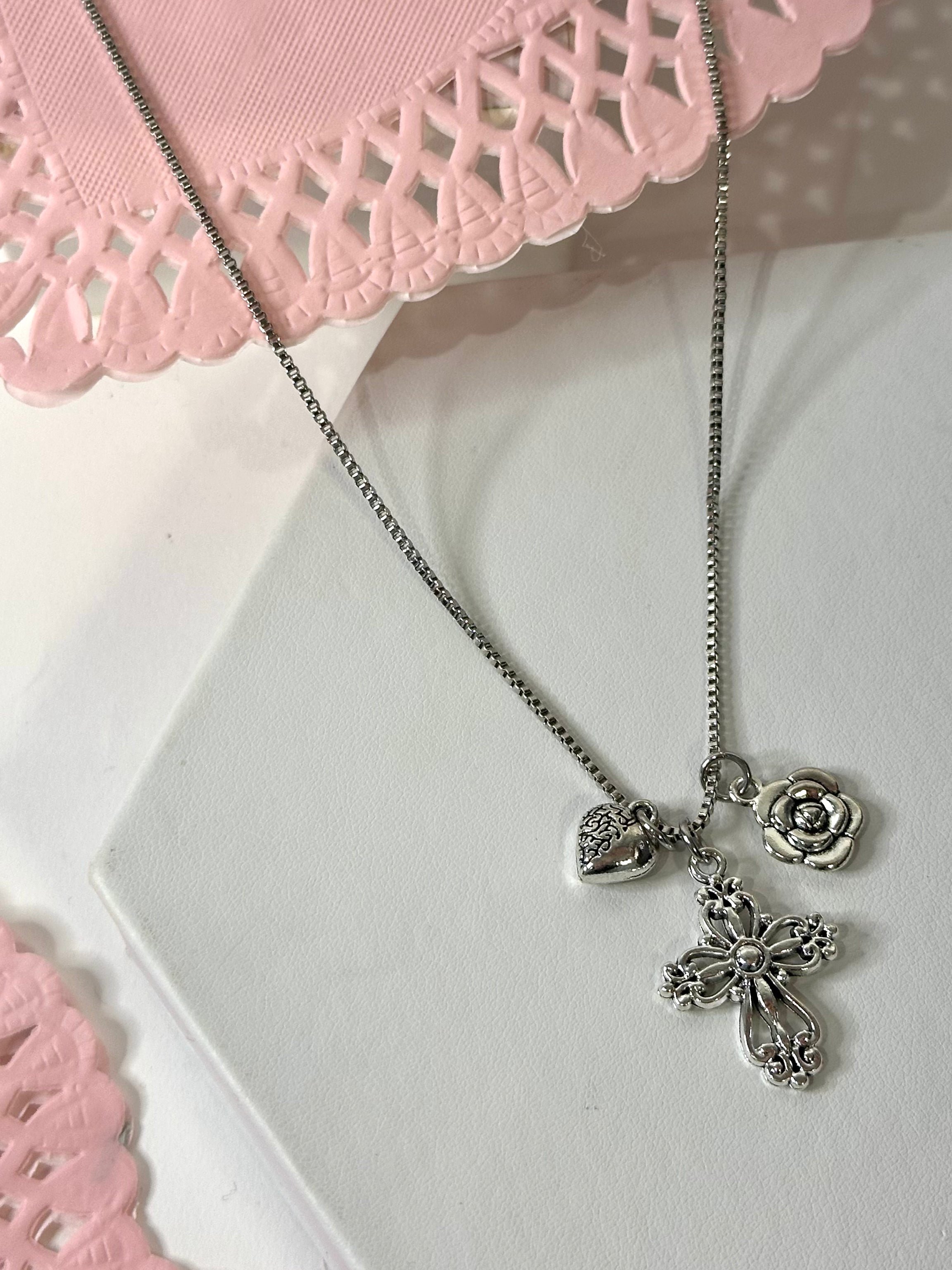 Heart, Cross & Rose Charm Necklace - Elegant Sterling Silver Pendant for Women | Perfect Gift for Valentine's Day, Anniversary & Special Occasions