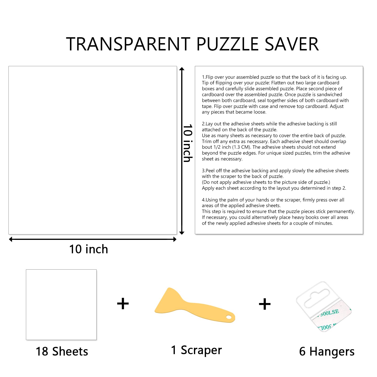 18-Pack Clear Puzzle Glue Sheets for 1000-Piece Puzzles - Peel & Stick Puzzle Saver with 6 Adhesive Hangers & Scraper - No Mess, Stress-Free Puzzle Preservation - Perfect for Framing, Displaying, and Protecting Finished Jigsaw Puzzles