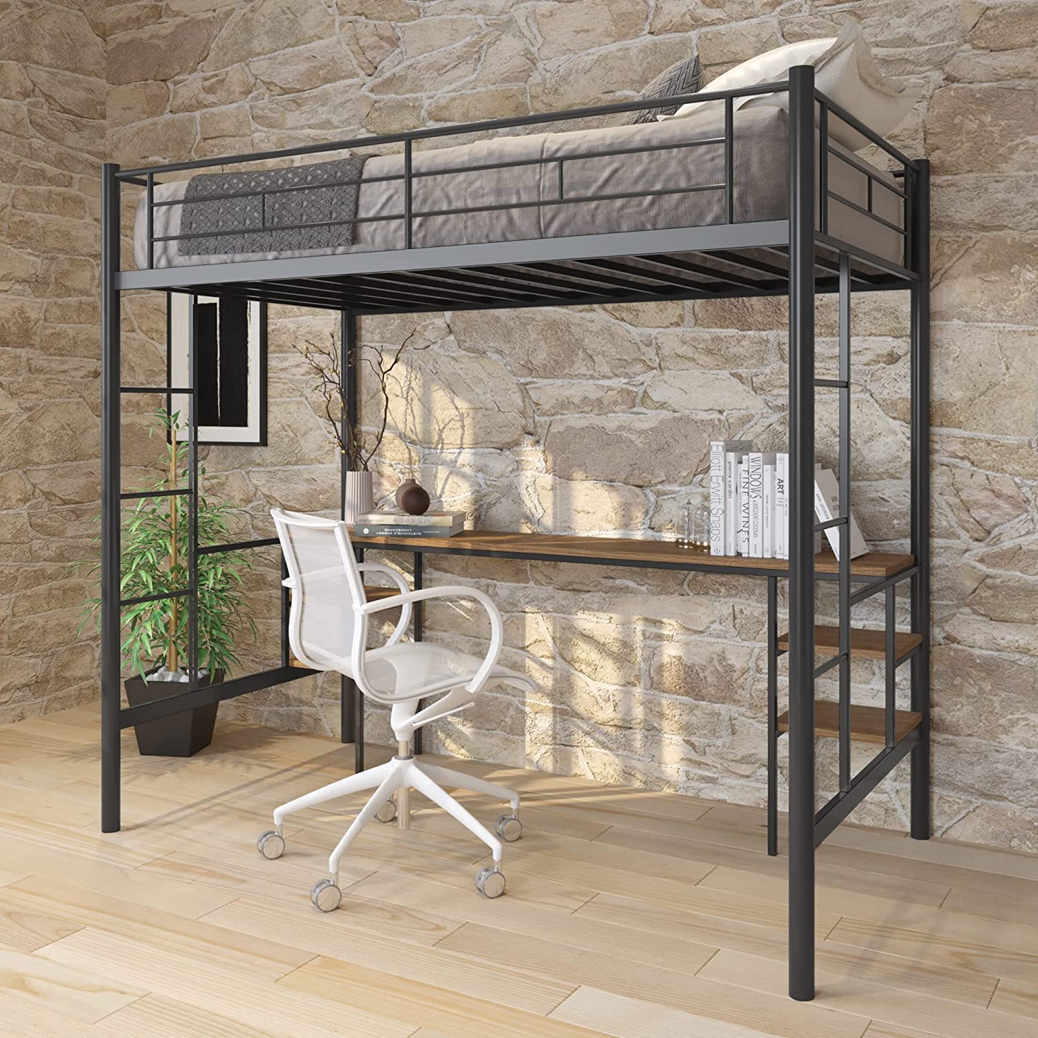 Metal Twin Loft Desk with Shelves & Storage - Sturdy Black Metal Loft Bed Desk for Small Spaces - Perfect for Dorm Rooms, Home Offices & Studio Apartments