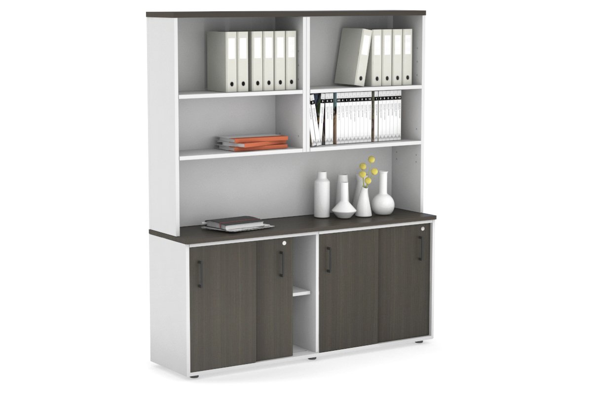 Modern White Sliding Door Credenza with Open Hutch - 1600W x 750H x 450D - Perfect for Home Office, Living Room & Bedroom Storage Organization
