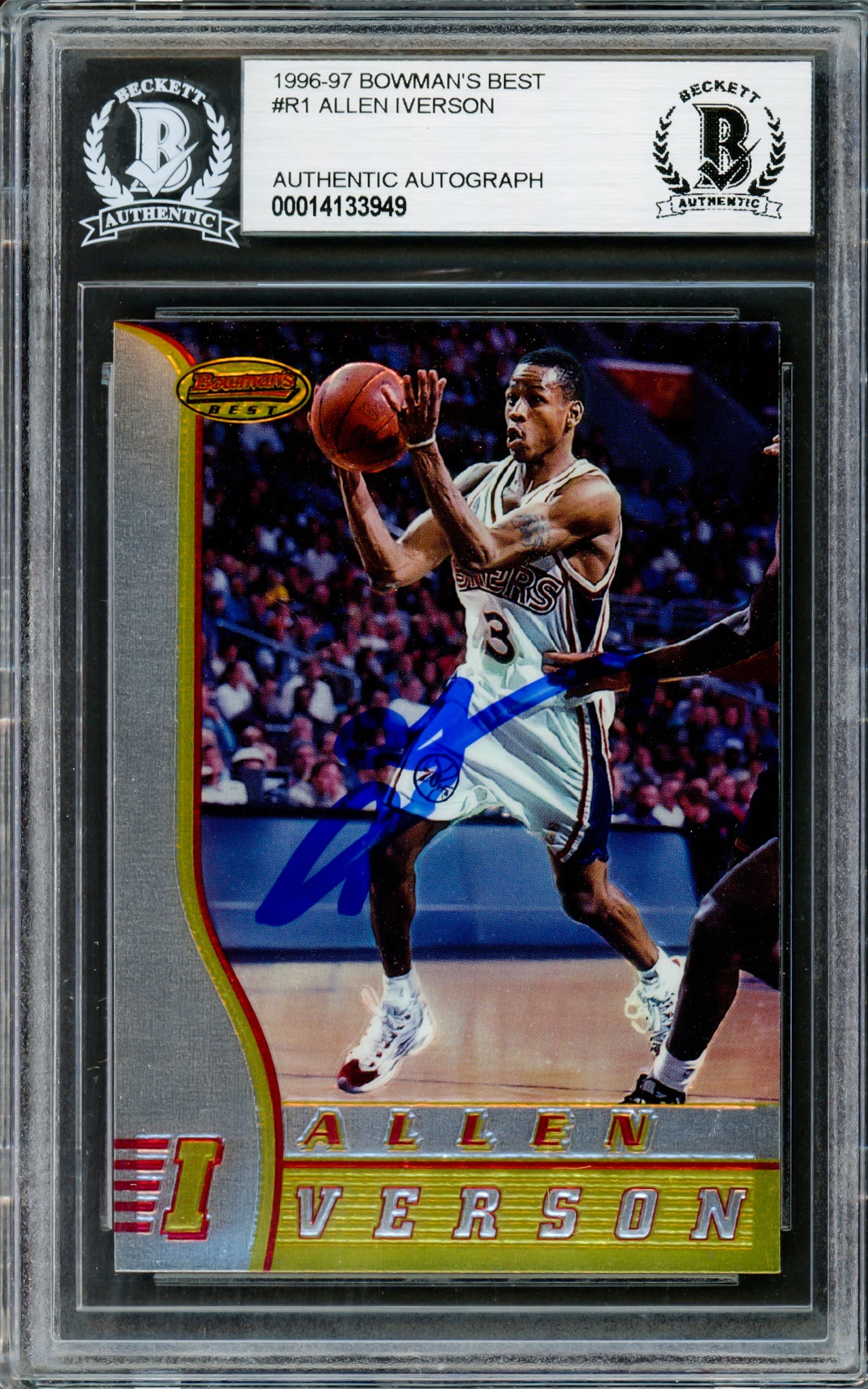 Allen Iverson Autographed 1996-97 Bowman's Best Rookie Card #R1 Philadelphia 76ers Beckett BAS Certified - Perfect for NBA Memorabilia Collectors & 76ers Fans Display