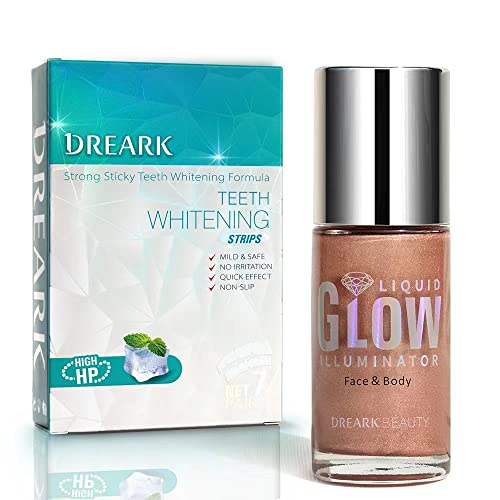 DREARK Liquid Highlighter Makeup - 1.35 fl.oz Face & Body Glow with Long Lasting, Waterproof Illuminating Formula | Plus 7 Teeth Whitening Strips Kit for Sensitive Teeth | Perfect for Daily Makeup & Special Occasions