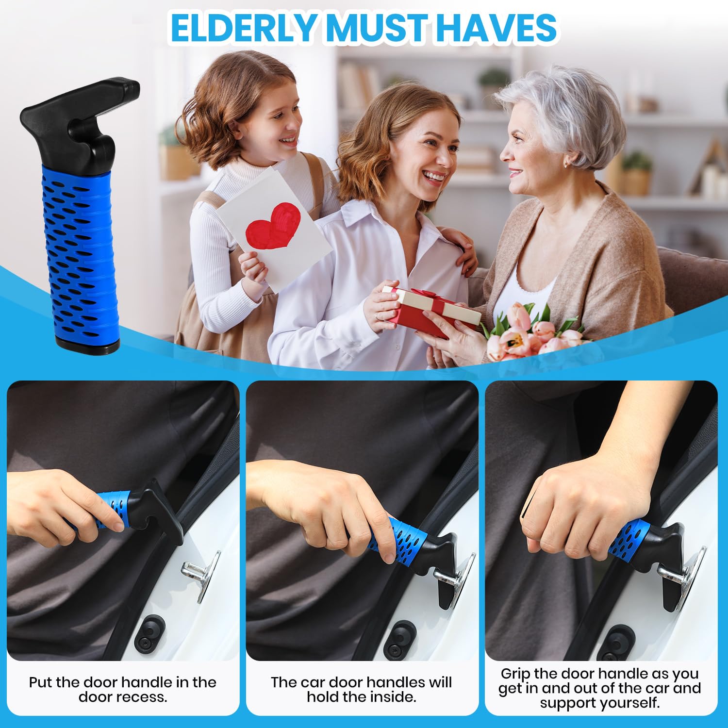 Elderly Car Door Handle Assist - Portable Mobility Aid for Seniors & Handicapped - Auto Grab Support Cane for Easy Car Exit (Blue) - Ideal for Car Travel & Daily Mobility Assistance