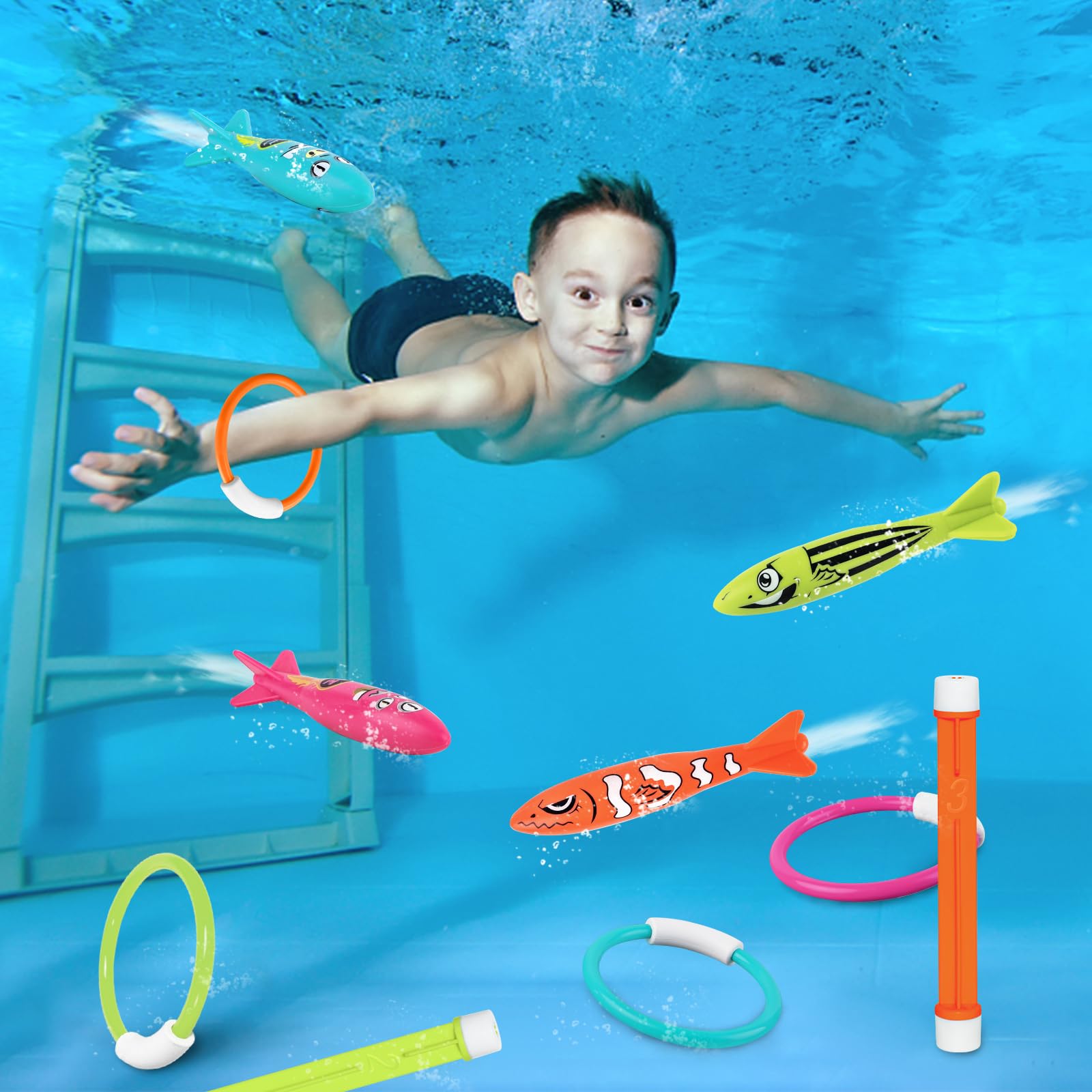 Best Pool Toys for Kids Ages 4-12 - Underwater Diving Toys Set for Summer Swimming Games, Swim Training Equipment for Boys, Girls & Adults - Medium Size - Perfect for Backyard Pools, Beach Vacations & Swim Lessons