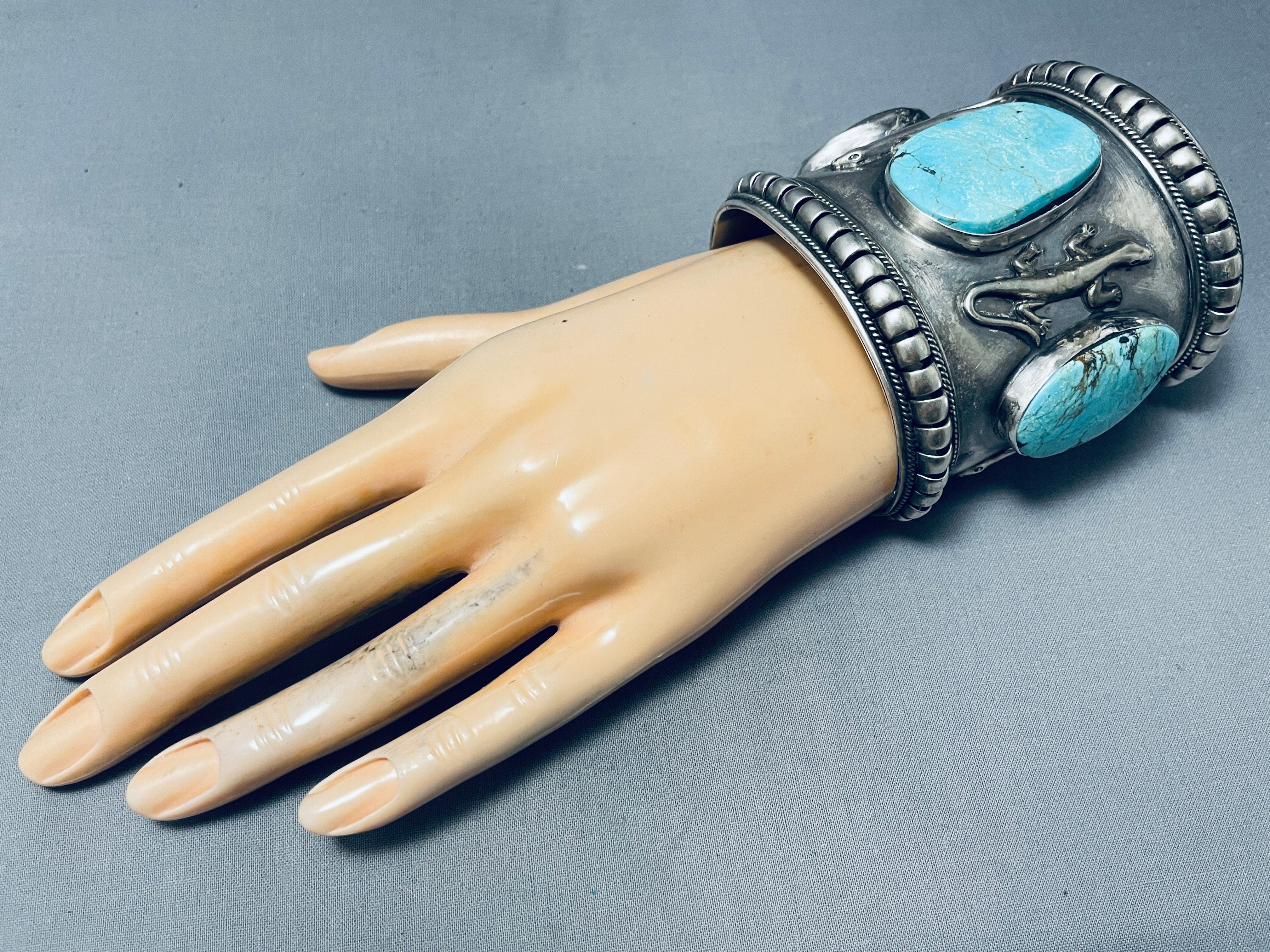 Authentic Native American Navajo Turquoise Sterling Silver Bracelet - 160 Gram Handmade Gecko Design Jewelry for Women, Perfect for Boho Fashion & Spiritual Healing