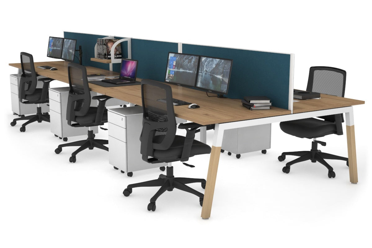 6-Person Office Workstation with Quadro A Legs & Wood Cross Beam - 1800L x 800W with Cable Management Scallop | Ideal for Collaborative Workspaces & Modern Offices