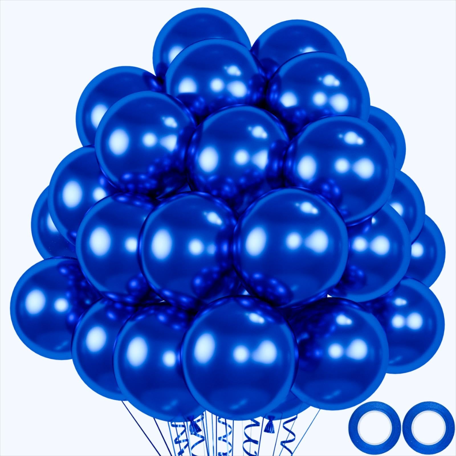 50pcs Chrome Metallic Blue Balloons, 12 Inch Double Stuffed Royal Blue Latex Balloons for Wedding, Graduation, Baby Shower Decorations - Includes 2 Blue Ribbons - Perfect for Party Backdrops, Ceiling Decor & Photo Booth Props