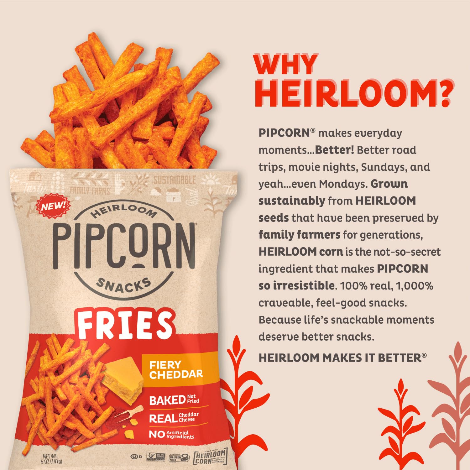 Pipcorn Heirloom Baked Fiery Cheddar Fries - 5oz 6 Pack - Gluten Free, Vegan, Non-GMO Healthy Snacks Made with Upcycled Heirloom Corn Flour | Perfect for Parties, Movie Nights & On-the-Go Snacking
