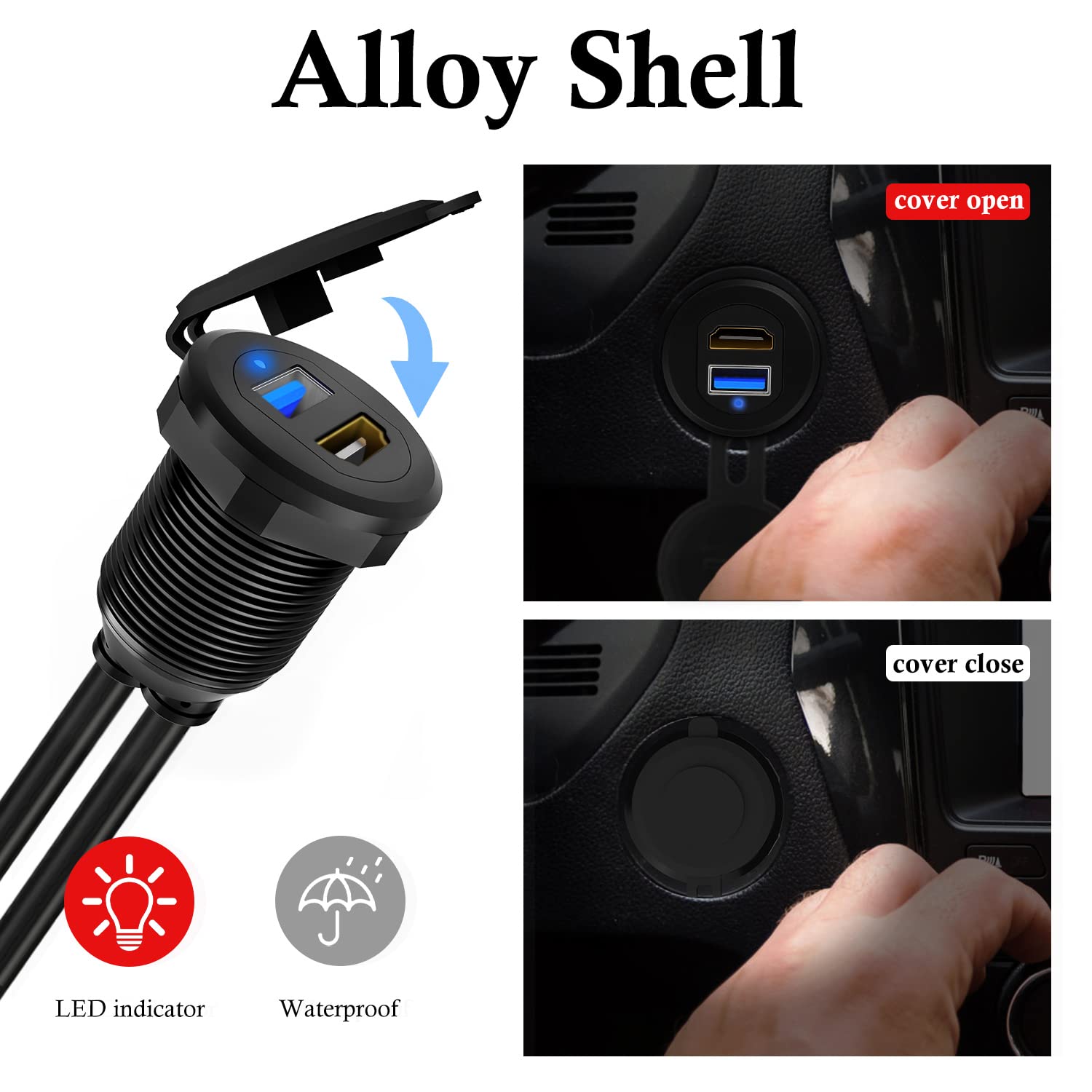 BATIGE USB 3.0 HDMI Car Mount Flush Port Cable - Alloy Shell HDMI USB 3.0 Dash Panel Extension with LED Indicator for Car, Boat, Motorcycle (3ft) - Perfect for In-Vehicle Entertainment & Navigation Systems