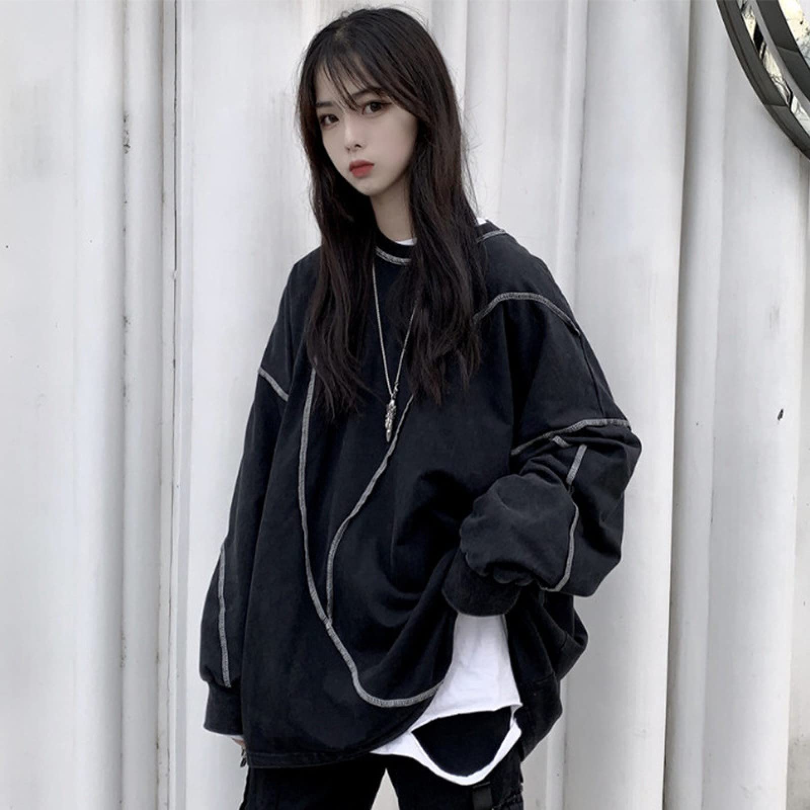 Gothic Long Sleeve Sweatshirt for Women - Oversized Loose Fit Dark Black Pullover Top for Spring and Autumn | Casual Streetwear, Layering Essential, Gothic Fashion Outfits