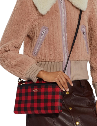 Coach East West Buffalo Plaid Print Crossbody Bag with Detachable Pouch - Stylish Shoulder Purse for Women, Perfect for Work, Travel & Everyday Use