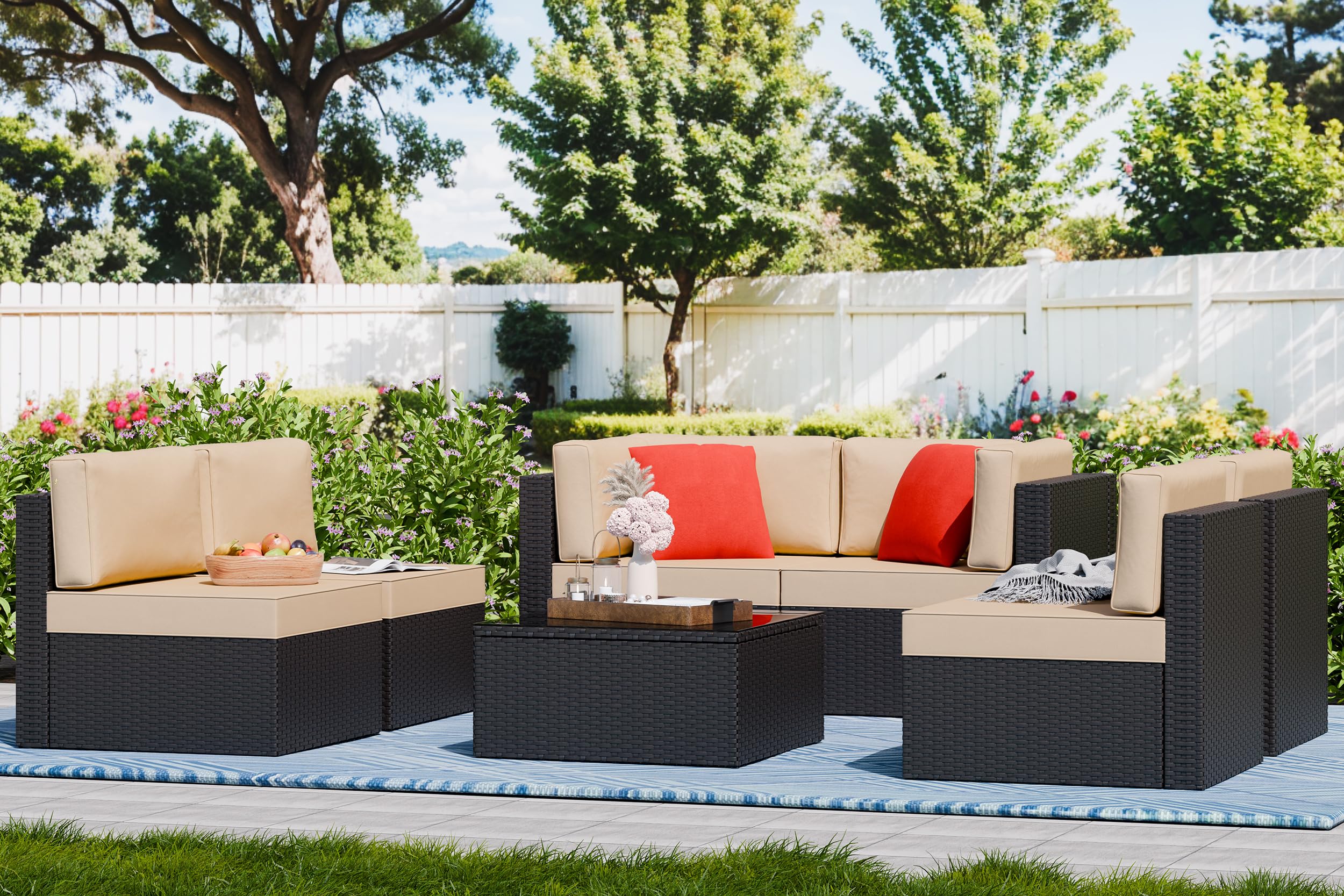 Vongrasig 7-Piece Outdoor Patio Furniture Set - PE Wicker Rattan Sectional Sofa with Cushions, Glass Coffee Table & Red Throw Pillows (Beige) - Perfect for Backyard, Garden, Poolside & Patio Relaxation