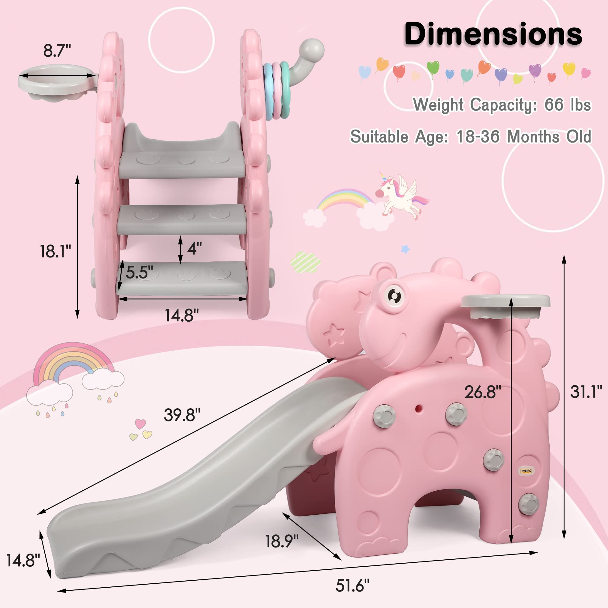 COLOR TREE Toddler Slide and Climber Playset - Outdoor Kids Playground Equipment with Basketball Hoop for Boys & Girls | Perfect for Backyard, Park & Indoor Play (Pink)