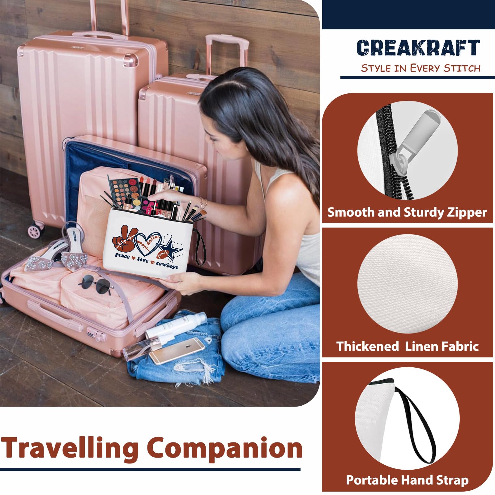 **Football Gifts for Fans - Peace Love Makeup Bag, Canvas Cosmetic Organizer with Zipper Pouch - Perfect for Game Day, Travel & Sports Enthusiasts**