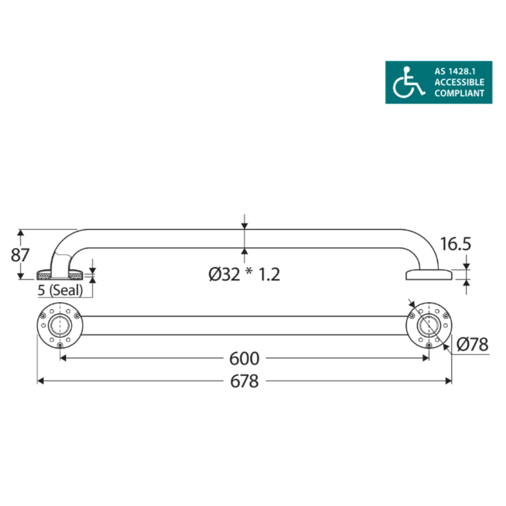 Fienza GRAB60 600mm Stainless Steel Grab Rail for Bathroom Safety - ADA Compliant, Non-Slip Handrail for Showers, Toilets & Elderly Care