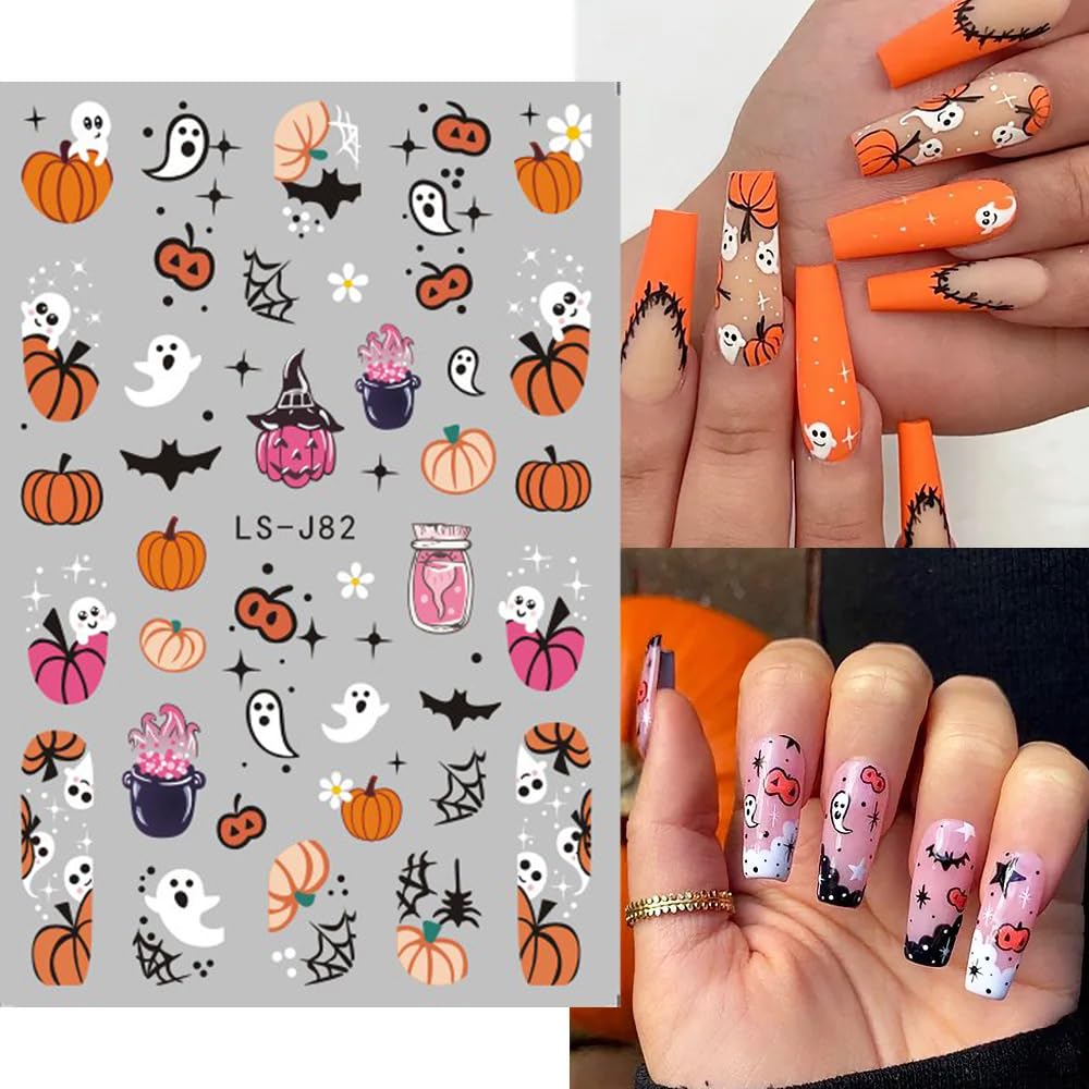 3D Halloween Nail Stickers - Self-Adhesive Pink Ghost, Skull, Pumpkin & Spider Web Designs - DIY Nail Art Decals for Women & Kids - 6 Sheets - Perfect for Halloween Parties, Costume Nails & Spooky Nail Art