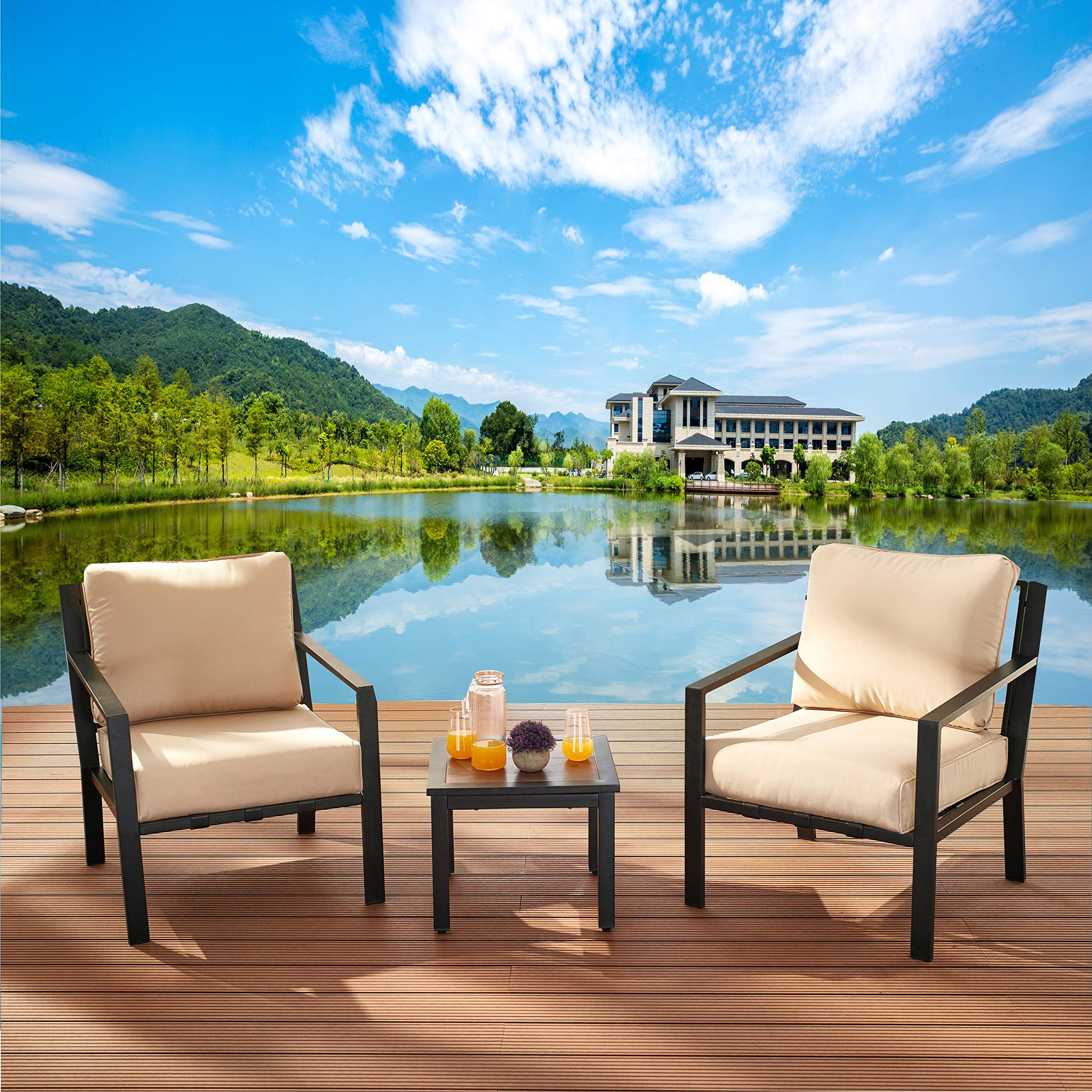 LOKATSE HOME 3-Piece Patio Bistro Set - Steel Outdoor Dining Set with Cushioned Chairs & Side Coffee Table - Beige Conversation Furniture for Garden, Balcony, Backyard & Poolside Relaxation
