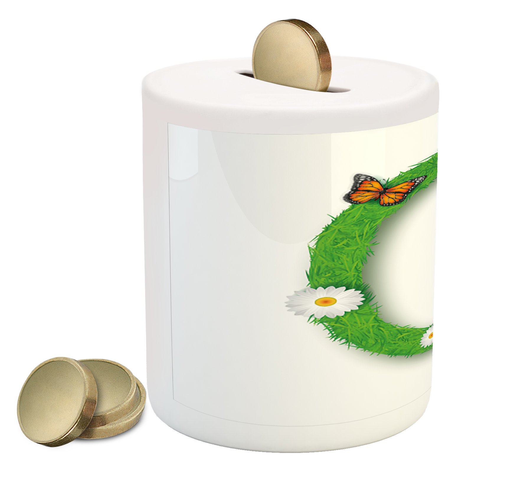 Ambesonne Ceramic Piggy Bank - Letter C Design with Greenland Spring Nature Theme, Money Box for Cash Saving, Green & Multicolor - Perfect for Kids' Savings, Gifts, and Home Decor