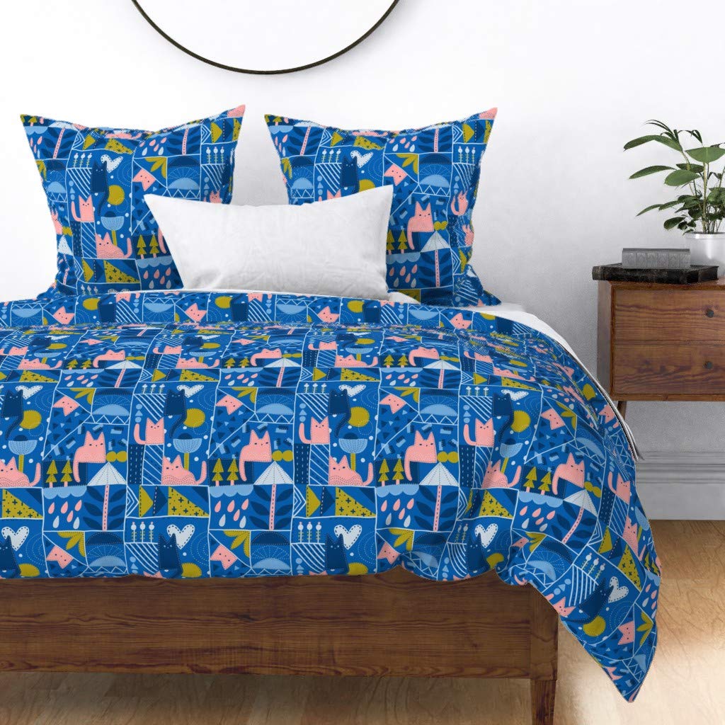 Premium Cotton Sateen Duvet Cover King/California King Size - Hand-Drawn Patchwork Cats Sketch Pattern Custom Bedding Set for Cozy Bedroom Decor