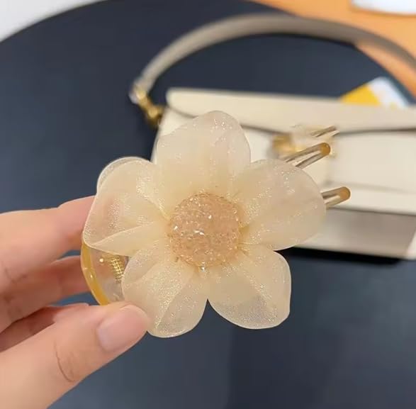 Korean Handmade Chiffon Rose Hair Clip - Elegant Bow Hair Claw for Women | 2-Pack Golden Hair Accessories | Perfect for Weddings, Parties & Everyday Styling