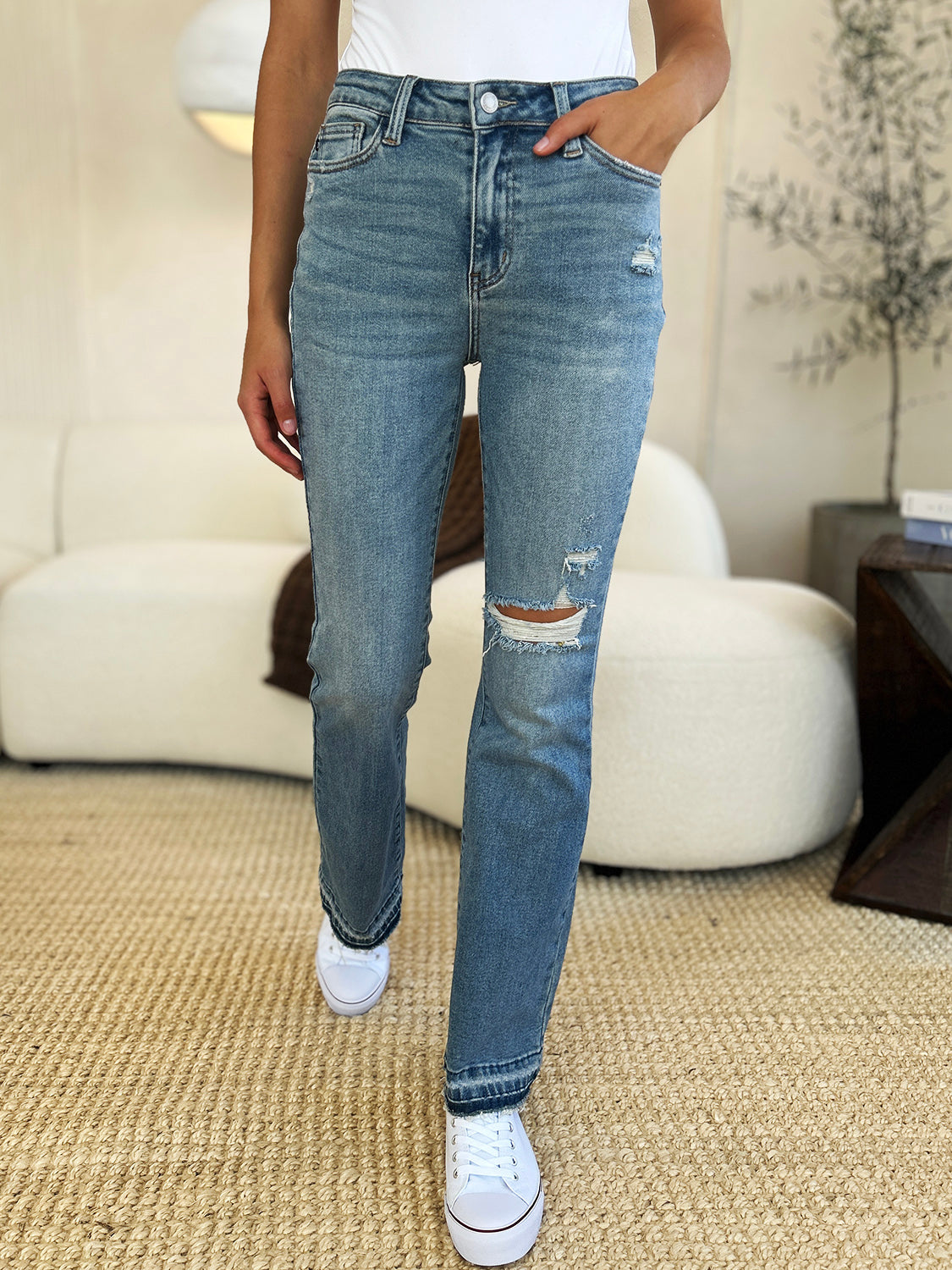 Judy Blue Women's Mid Rise Distressed Jeans - Ripped Hem Denim Pants for Casual Wear & Everyday Outfits