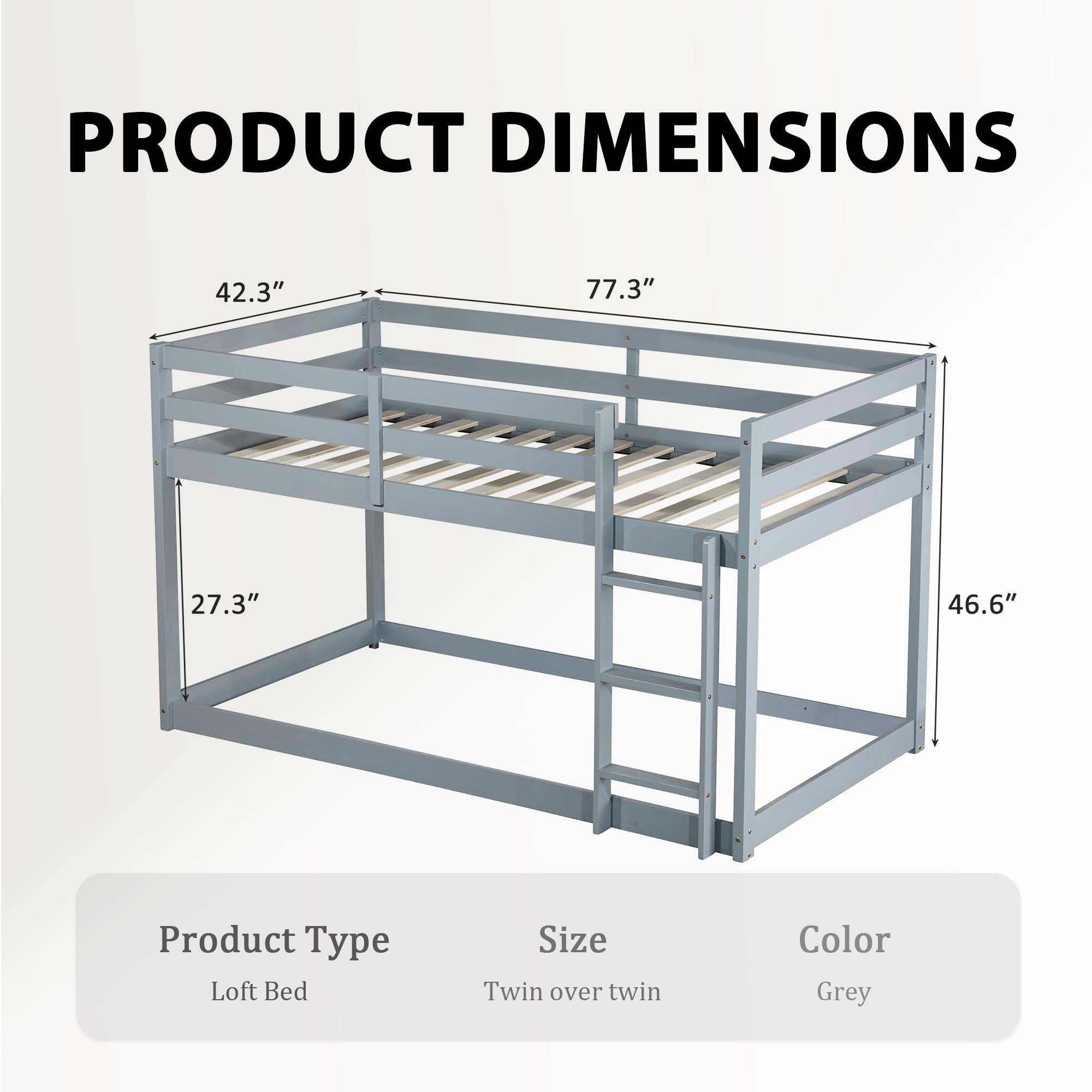 Twin Over Twin Low Bunk Bed with Safety Guardrail & Ladder - Space-Saving Kids Bedroom Furniture for Small Rooms - Easy Assembly, Sturdy Design for Children's Bedroom or Guest Room
