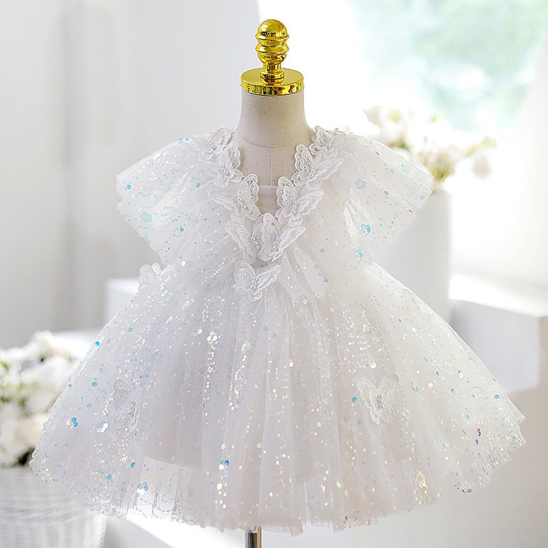 Elegant White Lace Tulle A-Line Flower Girl Dress with V-Neck & Puff Sleeves - Perfect for Weddings, Baptisms & Special Occasions