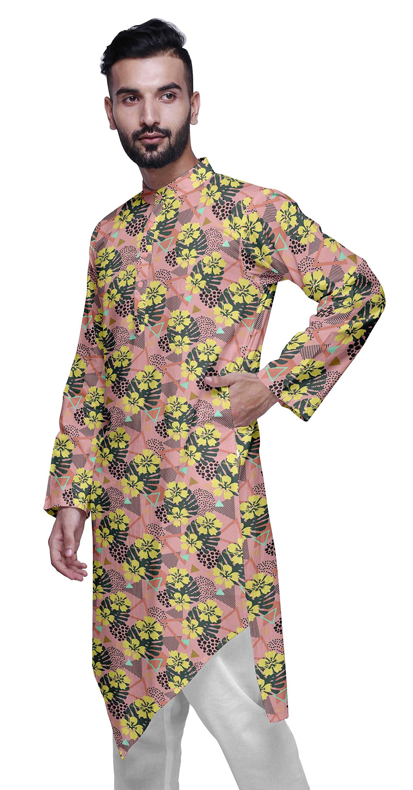 Atasi Cotton Flex Mens Kurta - Printed Chinese Collar Long Shirt for Casual Wear & Festive Occasions