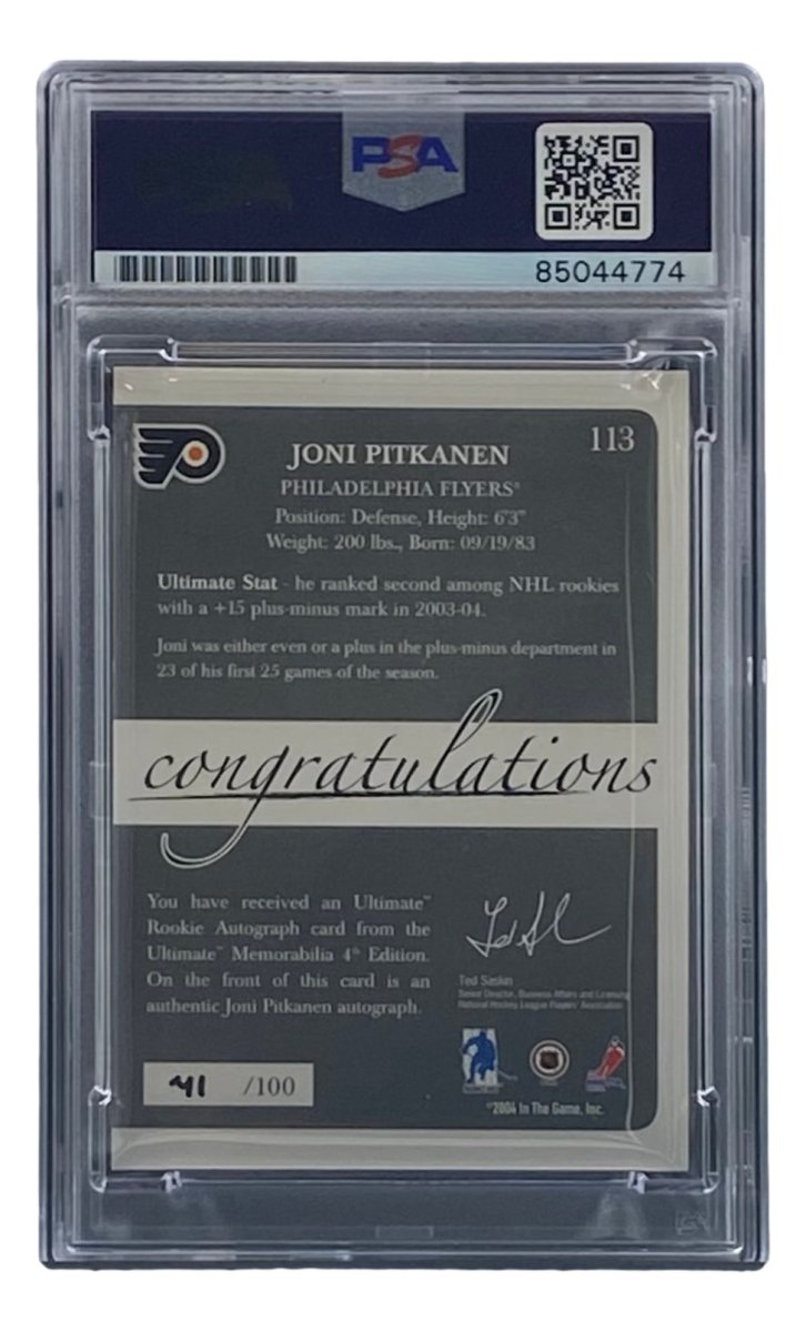 Joni Pitkanen Autographed 2004 Ultimate #113 Philadelphia Flyers Hockey Card - PSA/DNA Certified - Perfect for NHL Memorabilia Collectors & Hockey Fans Display