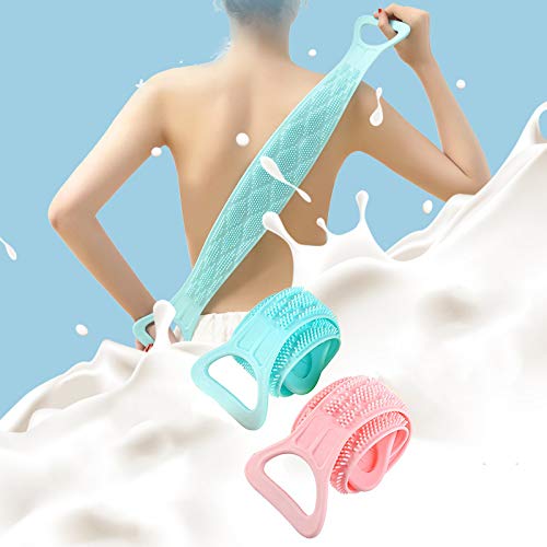 Dual Sided Silicone Bath Body Brush with Long Handle - Foldable Back Scrubber for Shower & Exfoliation | Soft, Eco-Friendly & Travel-Friendly | Easy to Clean Skin Care Tool for Home, Spa & Gym Use (Pink)
