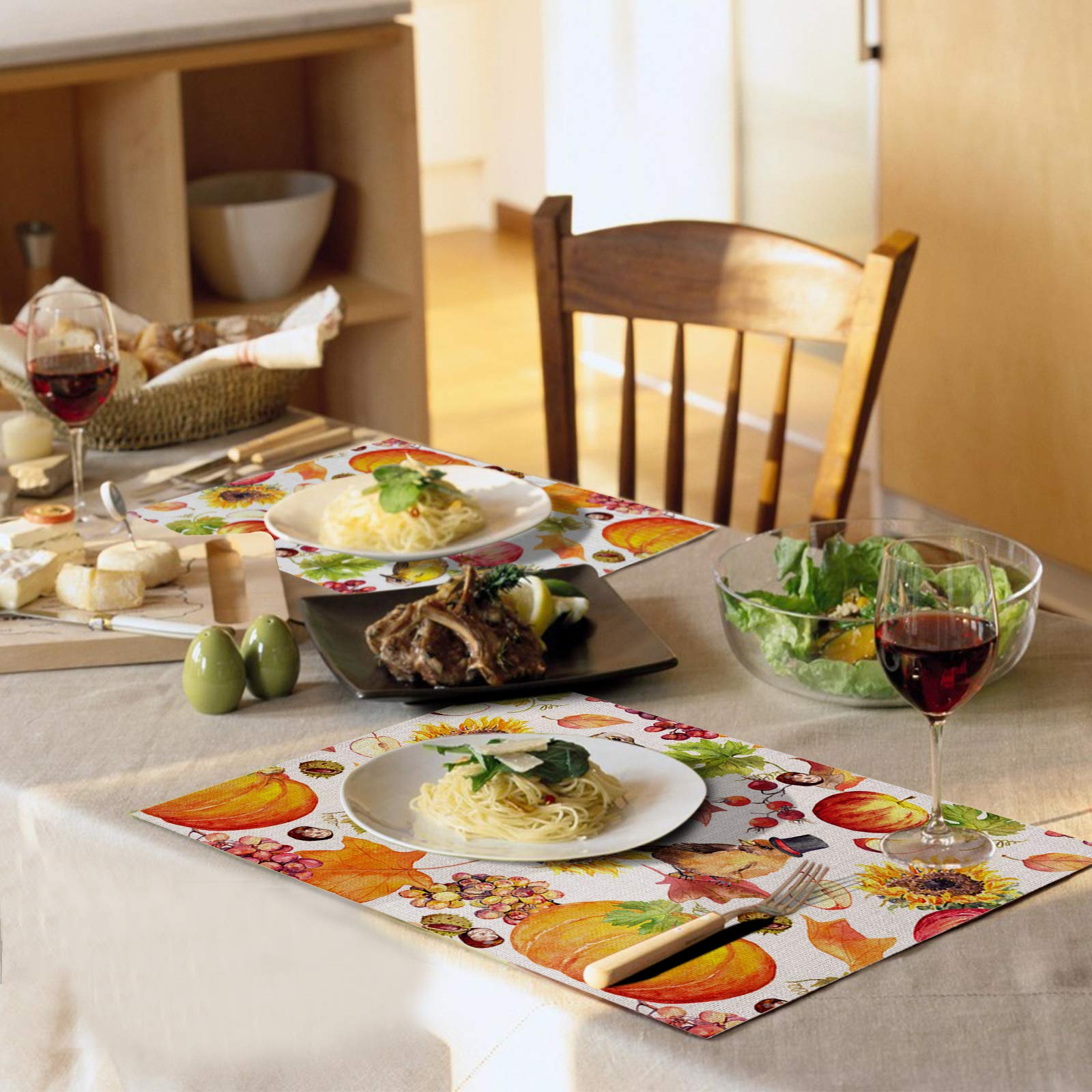 Fall Placemats Set of 6 - Autumn Maple Leaves Pumpkin Sunflowers Bird Design - Heat Resistant Waterproof Non-Slip Thanksgiving Table Mats for Dining Kitchen Decor - Perfect for Holiday Dinners, Family Gatherings and Seasonal Home Decoration