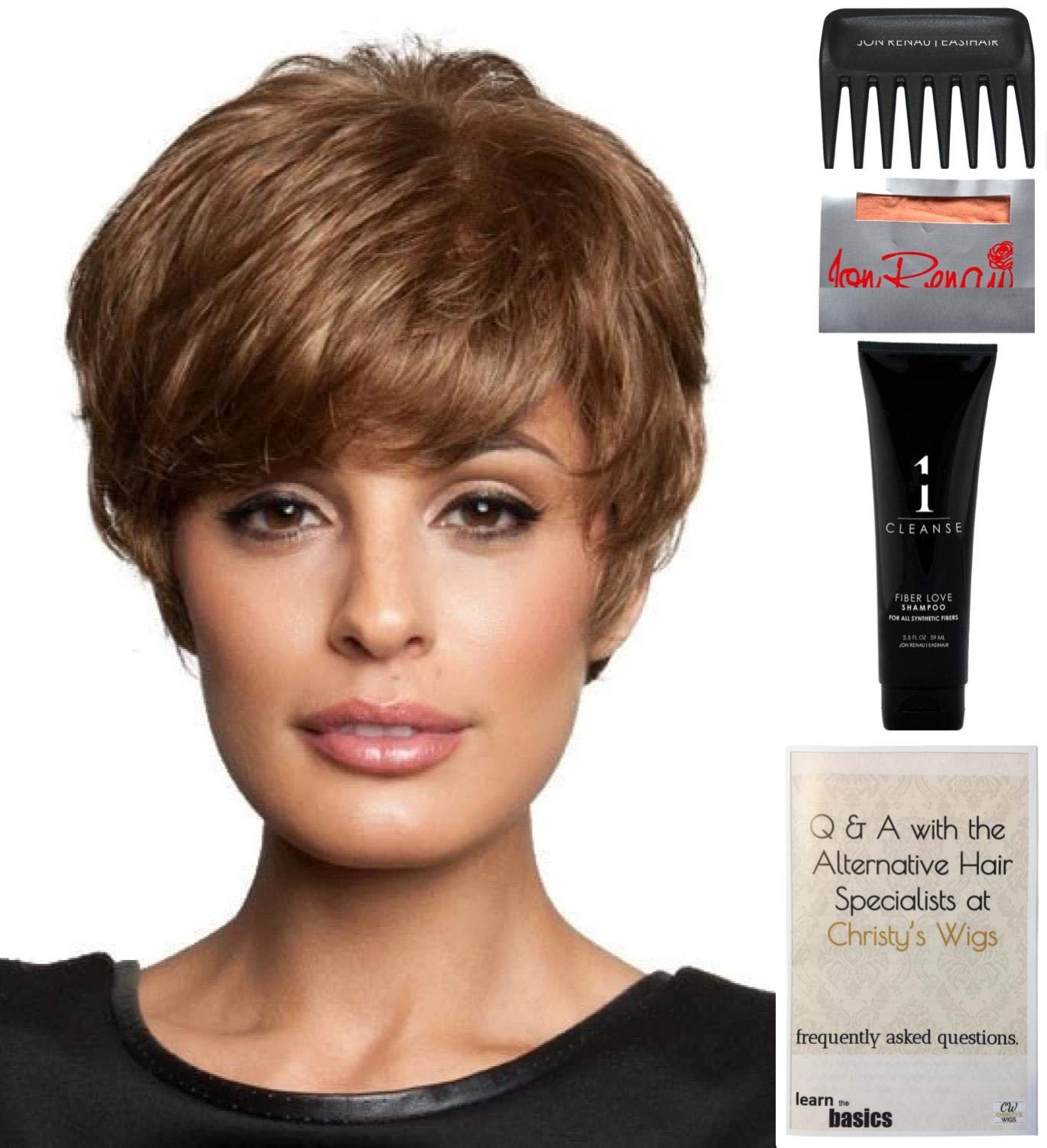 Amore Dixie Wig Bundle - 5 Piece Set with Golden Brown Synthetic Wig, Christy's Wigs Care Booklet, Travel Size Wig Shampoo (2oz), Wig Cap & Wide Tooth Comb - Perfect for Cosplay, Costume Parties & Everyday Styling