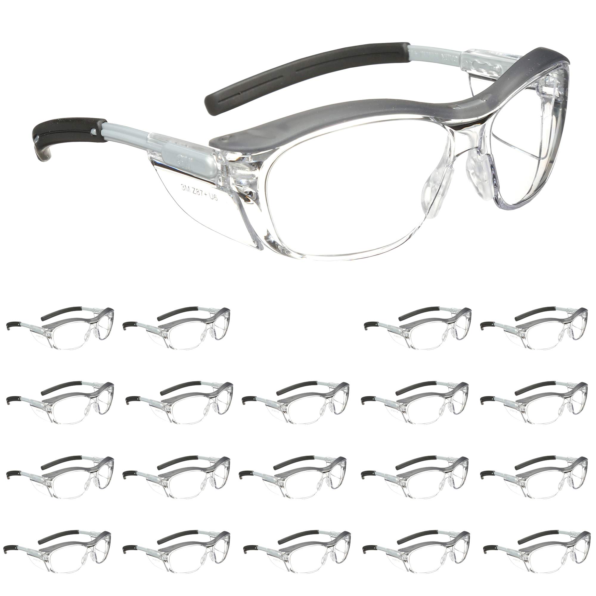 3M Nuvo Safety Glasses - 20 Pack, ANSI Z87.1 Certified, Anti-Fog Clear Lens, Retro Gray Frame with Soft Nose Bridge & Side Shields - Perfect for Construction, Woodworking, Lab Work, and DIY Projects